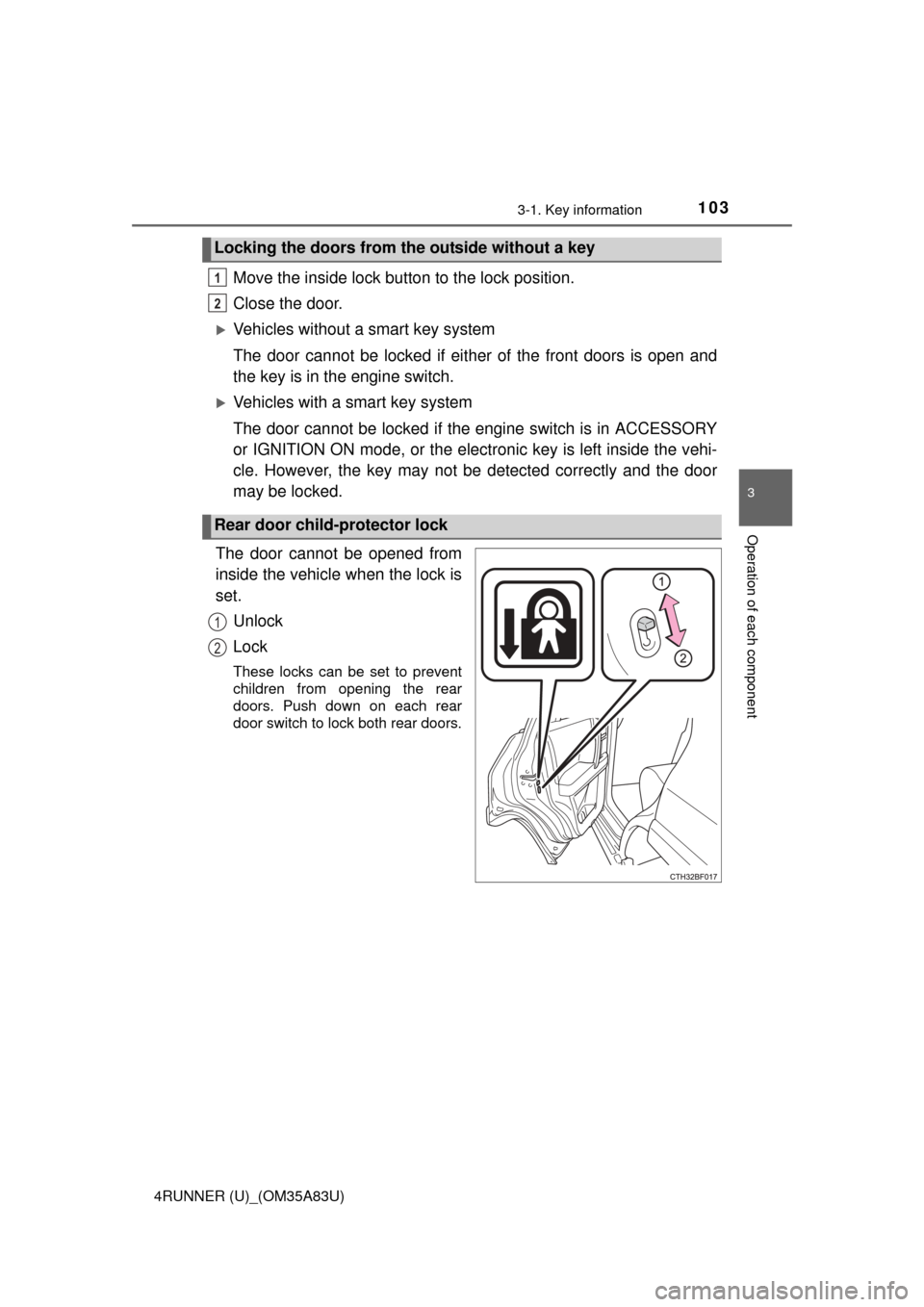 TOYOTA 4RUNNER 2014 N280 / 5.G Owners Manual 1033-1. Key information
3
Operation of each component
4RUNNER (U)_(OM35A83U)
Move the inside lock button to the lock position.
Close the door.
Vehicles without a smart key system
The door cannot be
