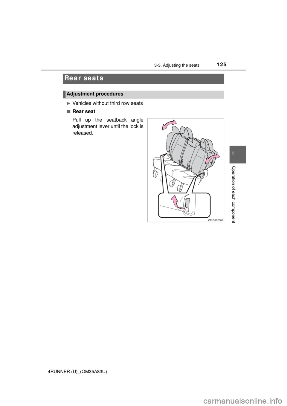TOYOTA 4RUNNER 2014 N280 / 5.G Owners Manual 1253-3. Adjusting the seats
3
Operation of each component
4RUNNER (U)_(OM35A83U)
Vehicles without third row seats
■Rear seat
Pull up the seatback angle
adjustment lever until the lock is
released