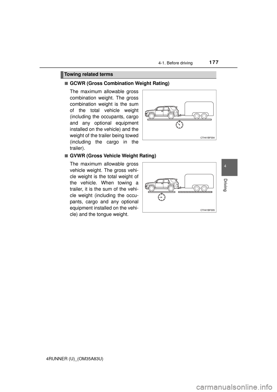 TOYOTA 4RUNNER 2014 N280 / 5.G Owners Manual 1774-1. Before driving
4
Driving
4RUNNER (U)_(OM35A83U)■
GCWR (Gross Combination Weight Rating)
The maximum allowable gross
combination weight. The gross
combination weight is the sum
of the total v TOYOTA 4RUNNER 2014 N280 / 5.G Owners Manual 1774-1. Before driving
4
Driving
4RUNNER (U)_(OM35A83U)■
GCWR (Gross Combination Weight Rating)
The maximum allowable gross
combination weight. The gross
combination weight is the sum
of the total v
