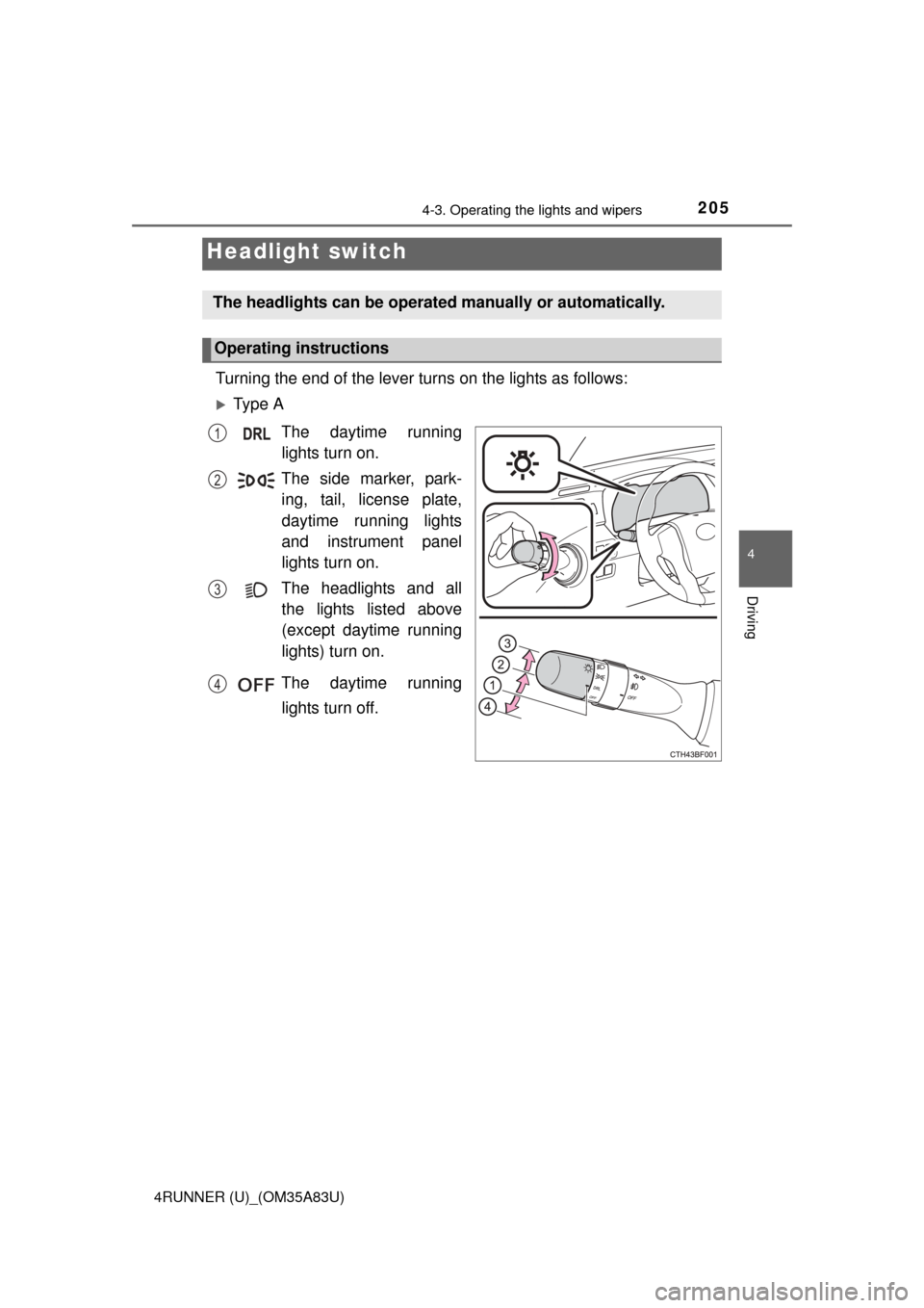 TOYOTA 4RUNNER 2014 N280 / 5.G Owners Manual 205
4
Driving
4RUNNER (U)_(OM35A83U)
4-3. Operating the lights and wipers
Turning the end of the lever turns on the lights as follows:
Ty p e  AThe daytime runninglights turn on.
The side marker, p