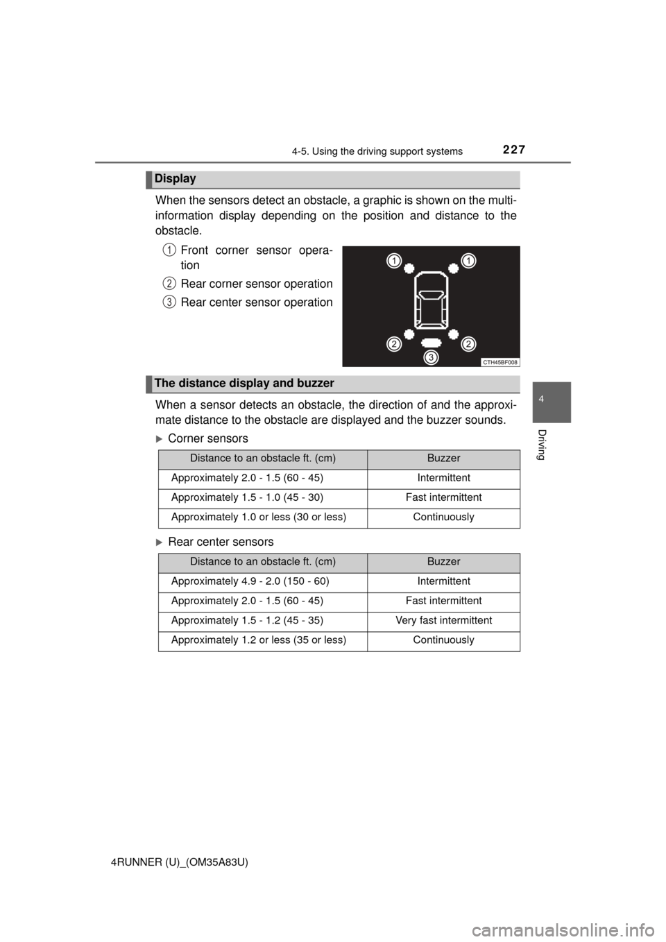 TOYOTA 4RUNNER 2014 N280 / 5.G Owners Manual 2274-5. Using the driving support systems
4
Driving
4RUNNER (U)_(OM35A83U)
When the sensors detect an obstacle, a graphic is shown on the multi-
information display depending on the position and dista TOYOTA 4RUNNER 2014 N280 / 5.G Owners Manual 2274-5. Using the driving support systems
4
Driving
4RUNNER (U)_(OM35A83U)
When the sensors detect an obstacle, a graphic is shown on the multi-
information display depending on the position and dista