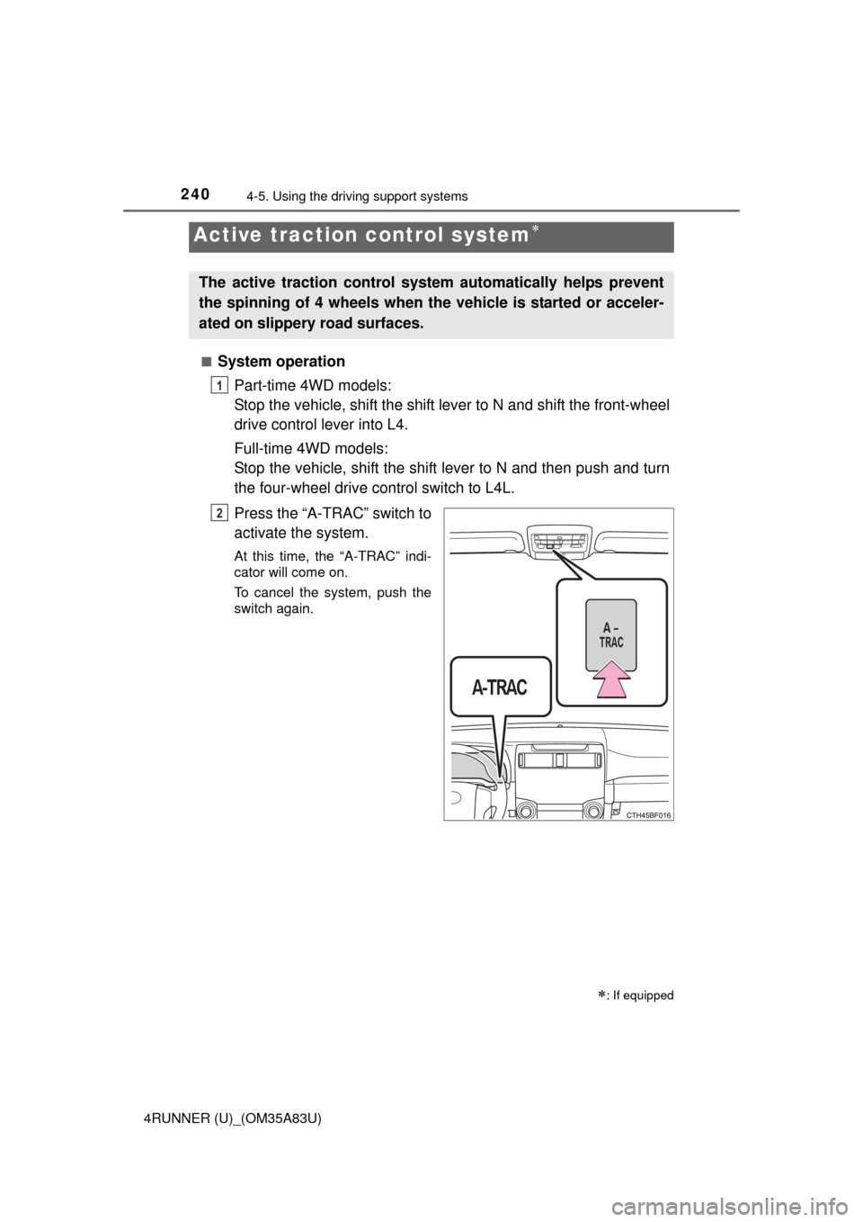 TOYOTA 4RUNNER 2014 N280 / 5.G Owners Manual 2404-5. Using the driving support systems
4RUNNER (U)_(OM35A83U)■
System operation
Part-time 4WD models:
Stop the vehicle, shift the shift lever to N and shift the front-wheel
drive control lever in TOYOTA 4RUNNER 2014 N280 / 5.G Owners Manual 2404-5. Using the driving support systems
4RUNNER (U)_(OM35A83U)■
System operation
Part-time 4WD models:
Stop the vehicle, shift the shift lever to N and shift the front-wheel
drive control lever in