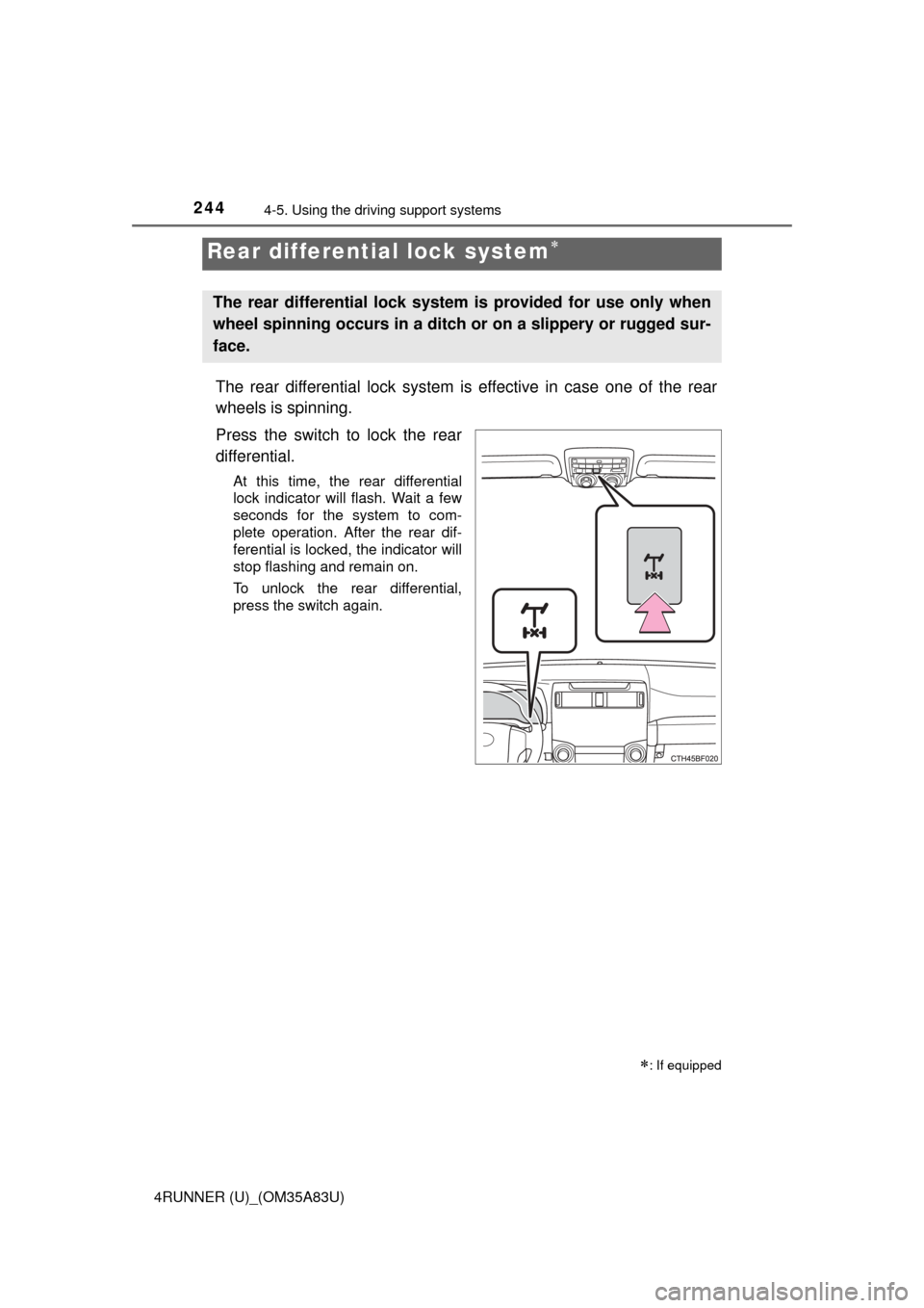 TOYOTA 4RUNNER 2014 N280 / 5.G Owners Manual 2444-5. Using the driving support systems
4RUNNER (U)_(OM35A83U)
The rear differential lock system is effective in case one of the rear
wheels is spinning.
Press the switch to lock the rear
differenti TOYOTA 4RUNNER 2014 N280 / 5.G Owners Manual 2444-5. Using the driving support systems
4RUNNER (U)_(OM35A83U)
The rear differential lock system is effective in case one of the rear
wheels is spinning.
Press the switch to lock the rear
differenti