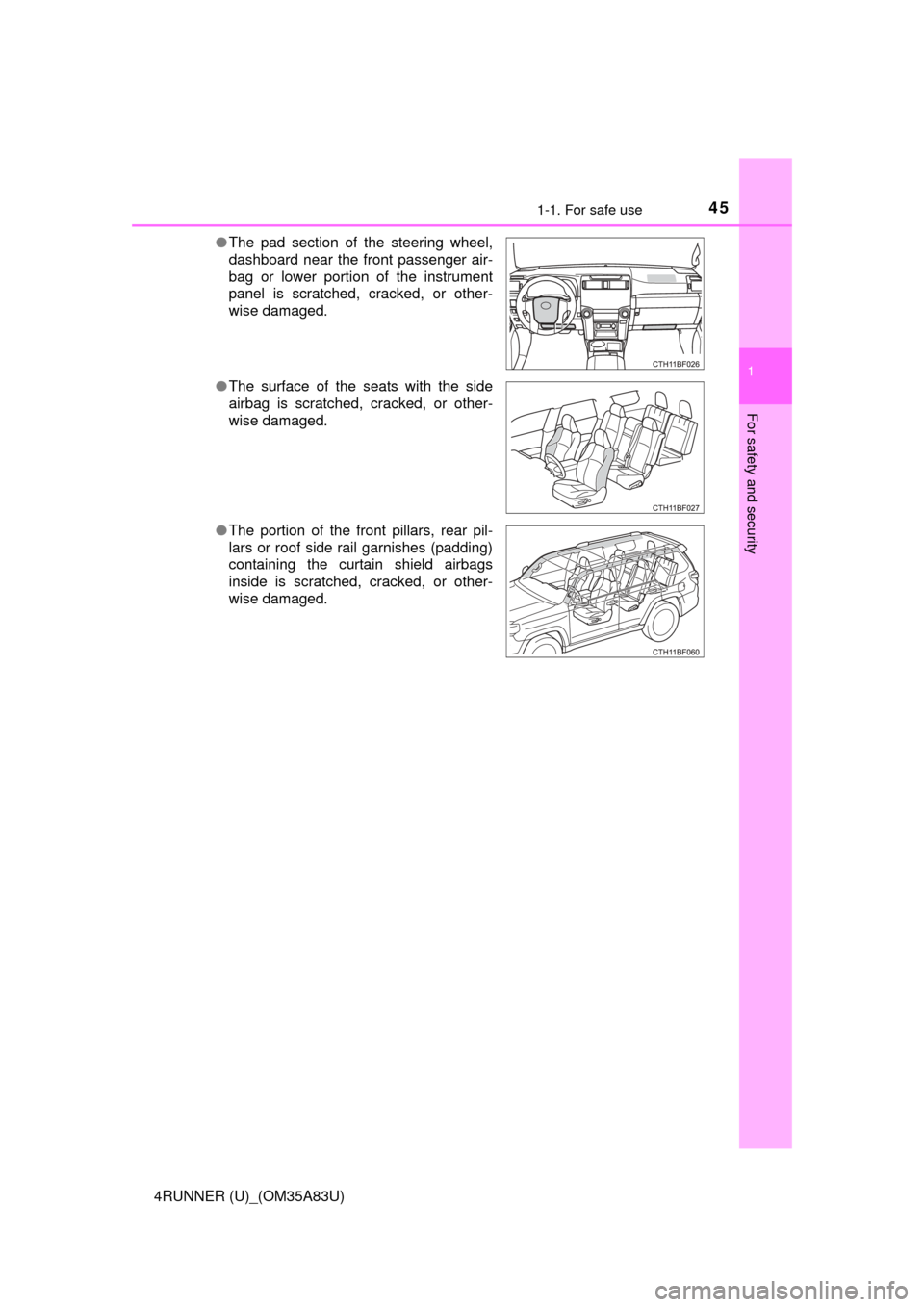 TOYOTA 4RUNNER 2014 N280 / 5.G Service Manual 451-1. For safe use
1
For safety and security
4RUNNER (U)_(OM35A83U)●
The pad section of the steering wheel,
dashboard near the front passenger air-
bag or lower portion of the instrument
panel is s TOYOTA 4RUNNER 2014 N280 / 5.G Service Manual 451-1. For safe use
1
For safety and security
4RUNNER (U)_(OM35A83U)●
The pad section of the steering wheel,
dashboard near the front passenger air-
bag or lower portion of the instrument
panel is s