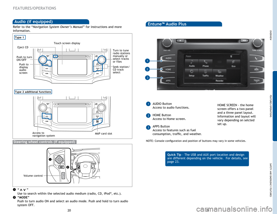 TOYOTA 4RUNNER 2014 N280 / 5.G Quick Reference Guide 21
20
“ ”
Use to search within the selected audio medium (radio, CD, iPod®, etc.).
“MODE”
Push to turn audio ON and select an audio mode. Push and hold to turn audio
system OFF.>>
S TOYOTA 4RUNNER 2014 N280 / 5.G Quick Reference Guide 21
20
“ ”
Use to search within the selected audio medium (radio, CD, iPod®, etc.).
“MODE”
Push to turn audio ON and select an audio mode. Push and hold to turn audio
system OFF.>>
S