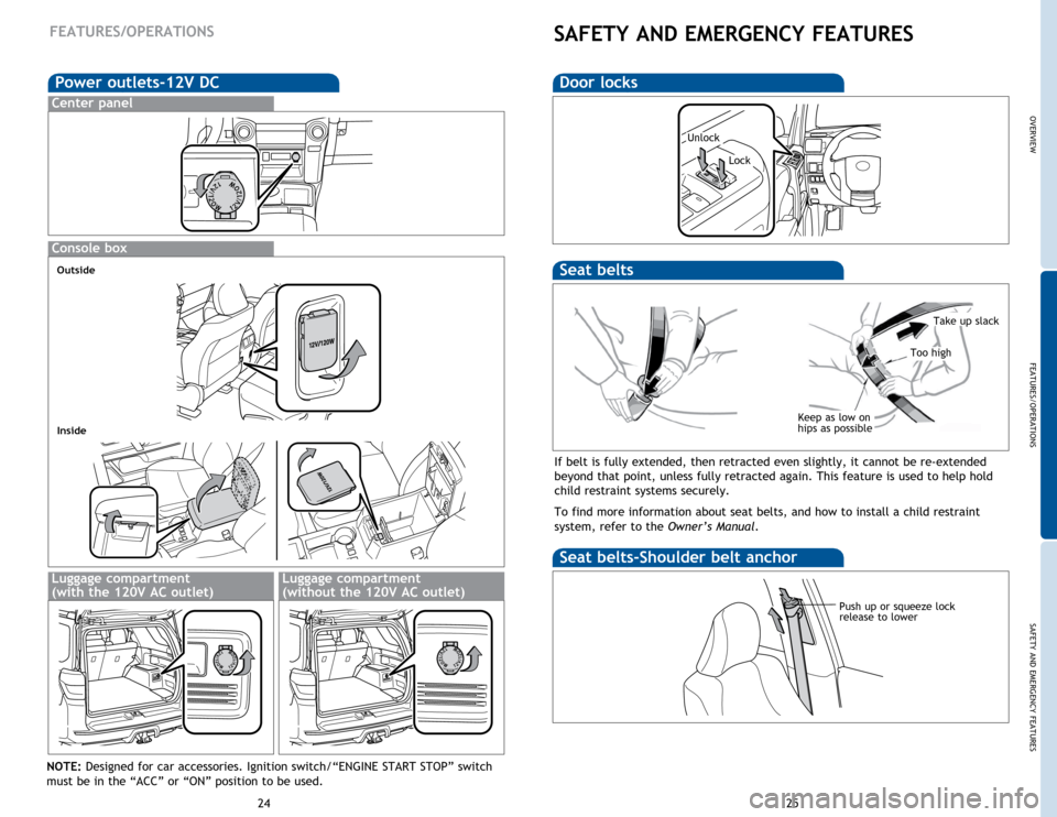 TOYOTA 4RUNNER 2014 N280 / 5.G Quick Reference Guide OVERVIEW
FEATURES/OPERATIONS
SAFETY AND EMERGENCY FEATURES
25
24
FEATURES/OPERATIONS
NOTE: Designed for car accessories. Ignition switch/“ENGINE START STOP” switch 
must be in the “ACC” or “