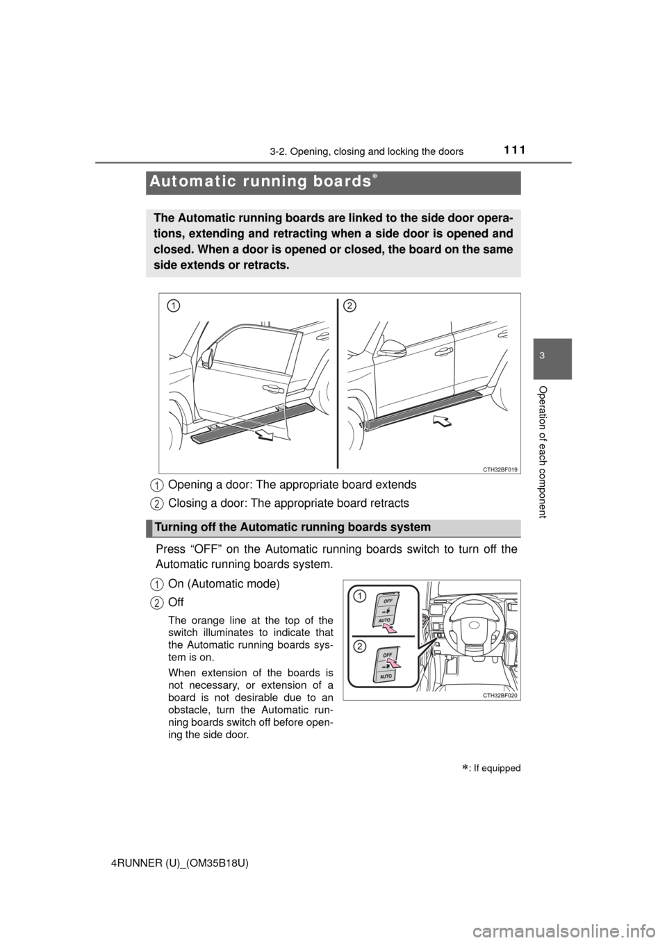 TOYOTA 4RUNNER 2015 N280 / 5.G Owners Manual 1113-2. Opening, closing and locking the doors
3
Operation of each component
4RUNNER (U)_(OM35B18U)
Opening a door: The appropriate board extends
Closing a door: The appropriate board retracts
Press TOYOTA 4RUNNER 2015 N280 / 5.G Owners Manual 1113-2. Opening, closing and locking the doors
3
Operation of each component
4RUNNER (U)_(OM35B18U)
Opening a door: The appropriate board extends
Closing a door: The appropriate board retracts
Press