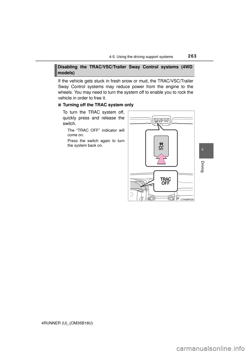 TOYOTA 4RUNNER 2015 N280 / 5.G Owners Manual 2634-5. Using the driving support systems
4
Driving
4RUNNER (U)_(OM35B18U)
If the vehicle gets stuck in fresh snow or mud, the TRAC/VSC/Trailer
Sway Control systems may reduce power from the engine to TOYOTA 4RUNNER 2015 N280 / 5.G Owners Manual 2634-5. Using the driving support systems
4
Driving
4RUNNER (U)_(OM35B18U)
If the vehicle gets stuck in fresh snow or mud, the TRAC/VSC/Trailer
Sway Control systems may reduce power from the engine to