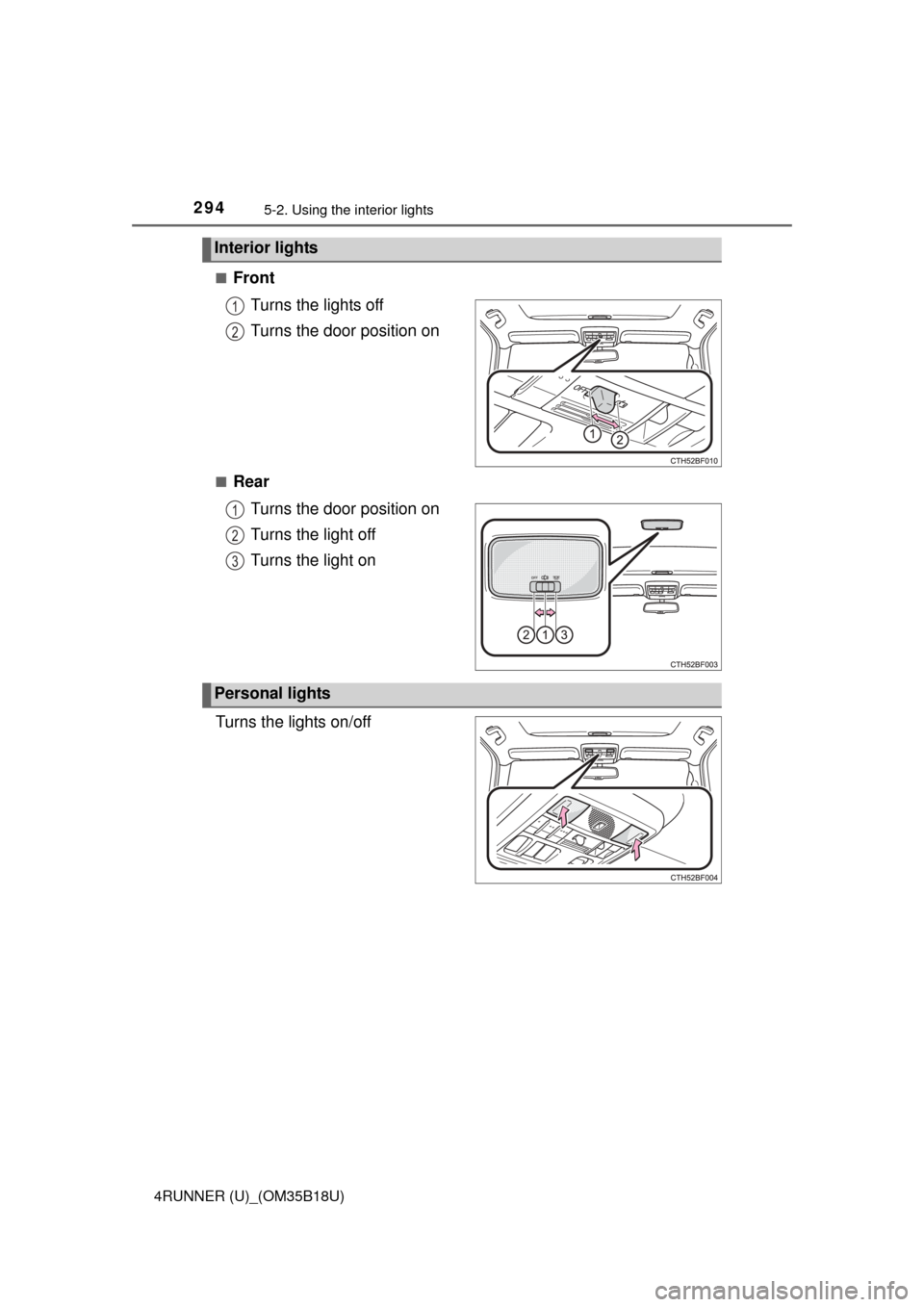 TOYOTA 4RUNNER 2015 N280 / 5.G Owners Manual 2945-2. Using the interior lights
4RUNNER (U)_(OM35B18U)■
Front
Turns the lights off
Turns the door position on
■RearTurns the door position on
Turns the light off
Turns the light on
Turns the lig