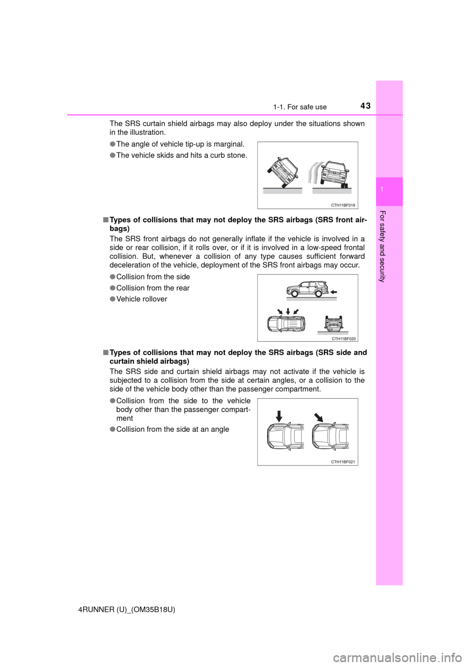 TOYOTA 4RUNNER 2015 N280 / 5.G Owners Manual 431-1. For safe use
1
For safety and security
4RUNNER (U)_(OM35B18U)The SRS curtain shield airbags may also deploy under the situations shown
in the illustration.
■ Types of collisions that may not 