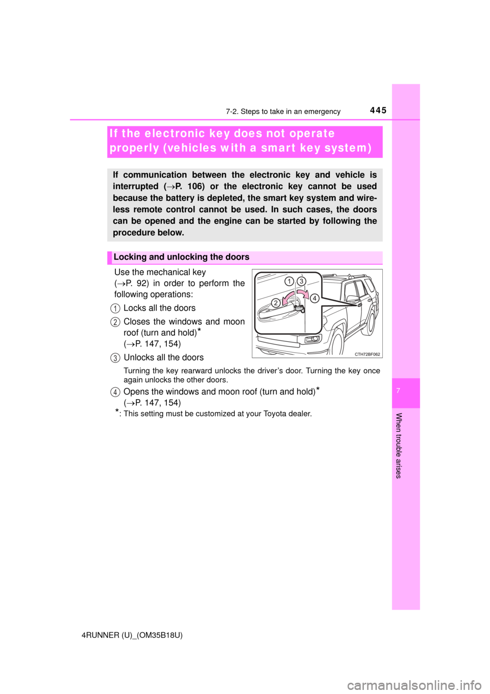 TOYOTA 4RUNNER 2015 N280 / 5.G Service Manual 4457-2. Steps to take in an emergency
7
When trouble arises
4RUNNER (U)_(OM35B18U)
Use the mechanical key 
( P. 92) in order to perform the
following operations:
Locks all the doors
Closes the wind