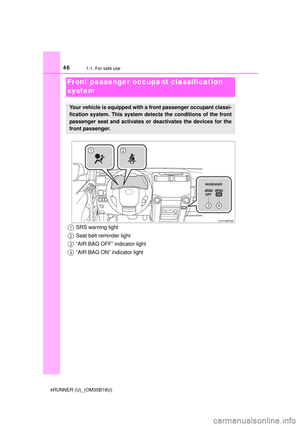 TOYOTA 4RUNNER 2015 N280 / 5.G Owners Manual 461-1. For safe use
4RUNNER (U)_(OM35B18U)
Front passenger occupant classification 
system
Your vehicle is equipped with a front passenger occupant classi-
fication system. This system detects the con