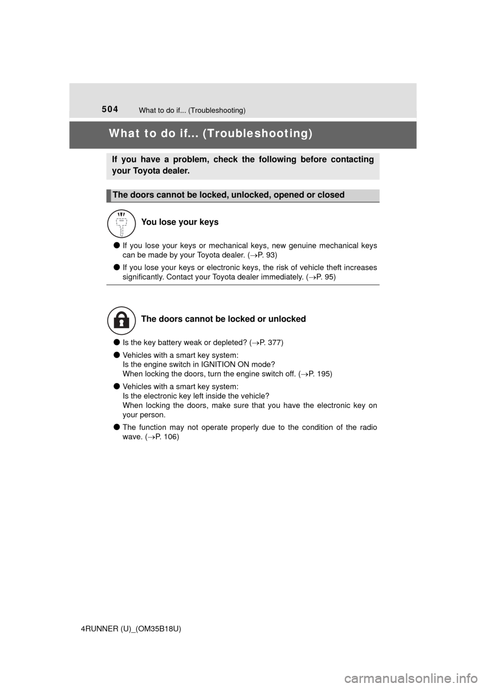 TOYOTA 4RUNNER 2015 N280 / 5.G Owners Manual 504
4RUNNER (U)_(OM35B18U)
What to do if... (Troubleshooting)
What to do if... (Troubleshooting)
●If you lose your keys or mechanical keys, new genuine mechanical keys
can be made by your Toyota dea TOYOTA 4RUNNER 2015 N280 / 5.G Owners Manual 504
4RUNNER (U)_(OM35B18U)
What to do if... (Troubleshooting)
What to do if... (Troubleshooting)
●If you lose your keys or mechanical keys, new genuine mechanical keys
can be made by your Toyota dea