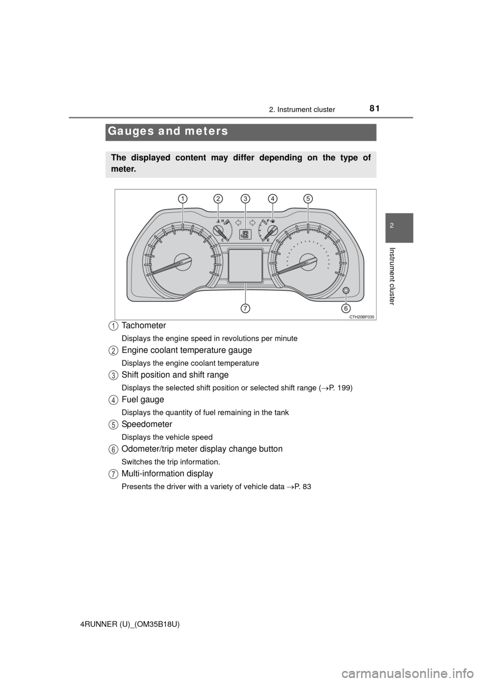 TOYOTA 4RUNNER 2015 N280 / 5.G Owners Manual 812. Instrument cluster
2
Instrument cluster
4RUNNER (U)_(OM35B18U)
Tachometer
Displays the engine speed in revolutions per minute
Engine coolant temperature gauge
Displays the engine coolant temperat