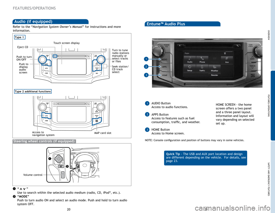 TOYOTA 4RUNNER 2015 N280 / 5.G Quick Reference Guide 21
20
“ ”
Use to search within the selected audio medium (radio, CD, iPod®, etc.).
“MODE”
Push to turn audio ON and select an audio mode. Push and hold to turn audio
system OFF.>>
St TOYOTA 4RUNNER 2015 N280 / 5.G Quick Reference Guide 21
20
“ ”
Use to search within the selected audio medium (radio, CD, iPod®, etc.).
“MODE”
Push to turn audio ON and select an audio mode. Push and hold to turn audio
system OFF.>>
St