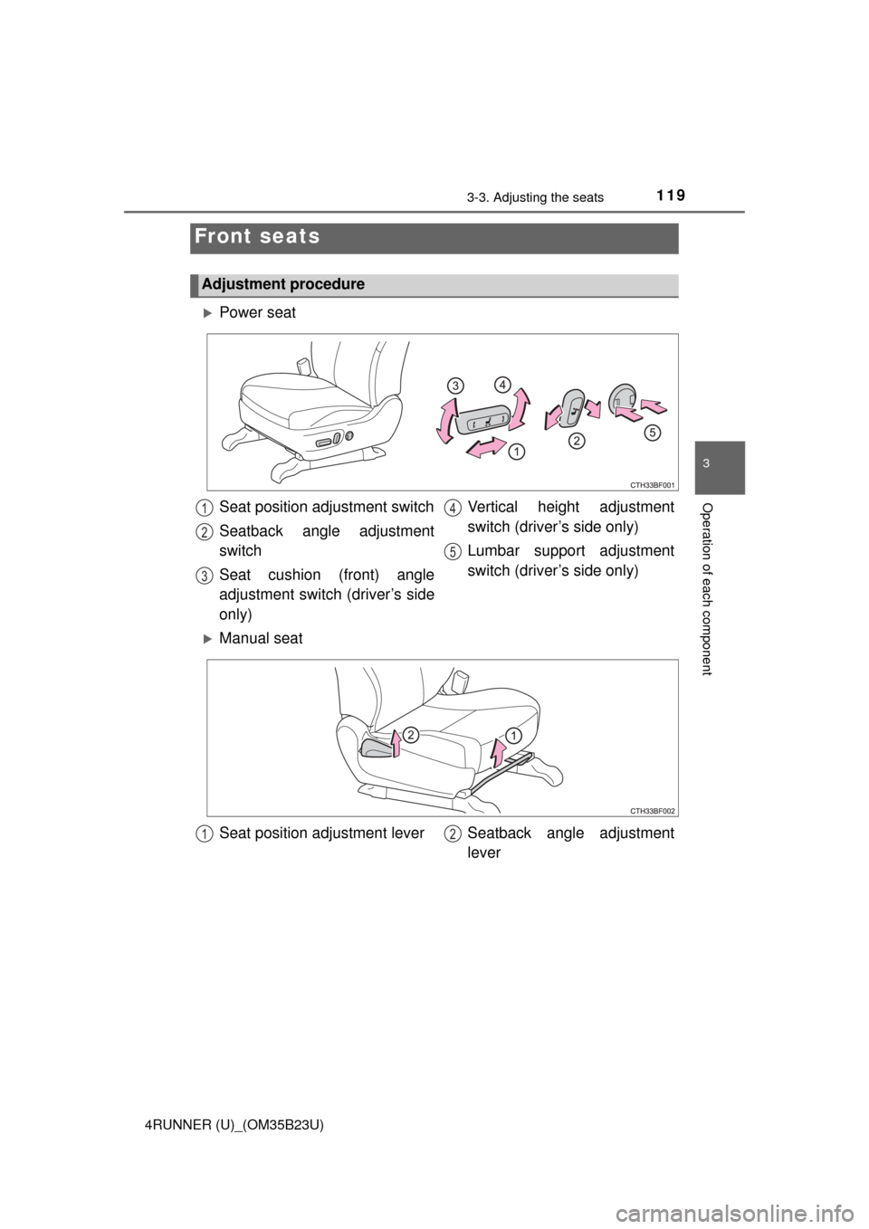 TOYOTA 4RUNNER 2016 N280 / 5.G Owners Manual 119
3
Operation of each component
4RUNNER (U)_(OM35B23U)
3-3. Adjusting the seats
Front seats
Adjustment procedure
Power seat
Seat position adjustment switch
Seatback angle adjustment
switch
Seat c TOYOTA 4RUNNER 2016 N280 / 5.G Owners Manual 119
3
Operation of each component
4RUNNER (U)_(OM35B23U)
3-3. Adjusting the seats
Front seats
Adjustment procedure
Power seat
Seat position adjustment switch
Seatback angle adjustment
switch
Seat c