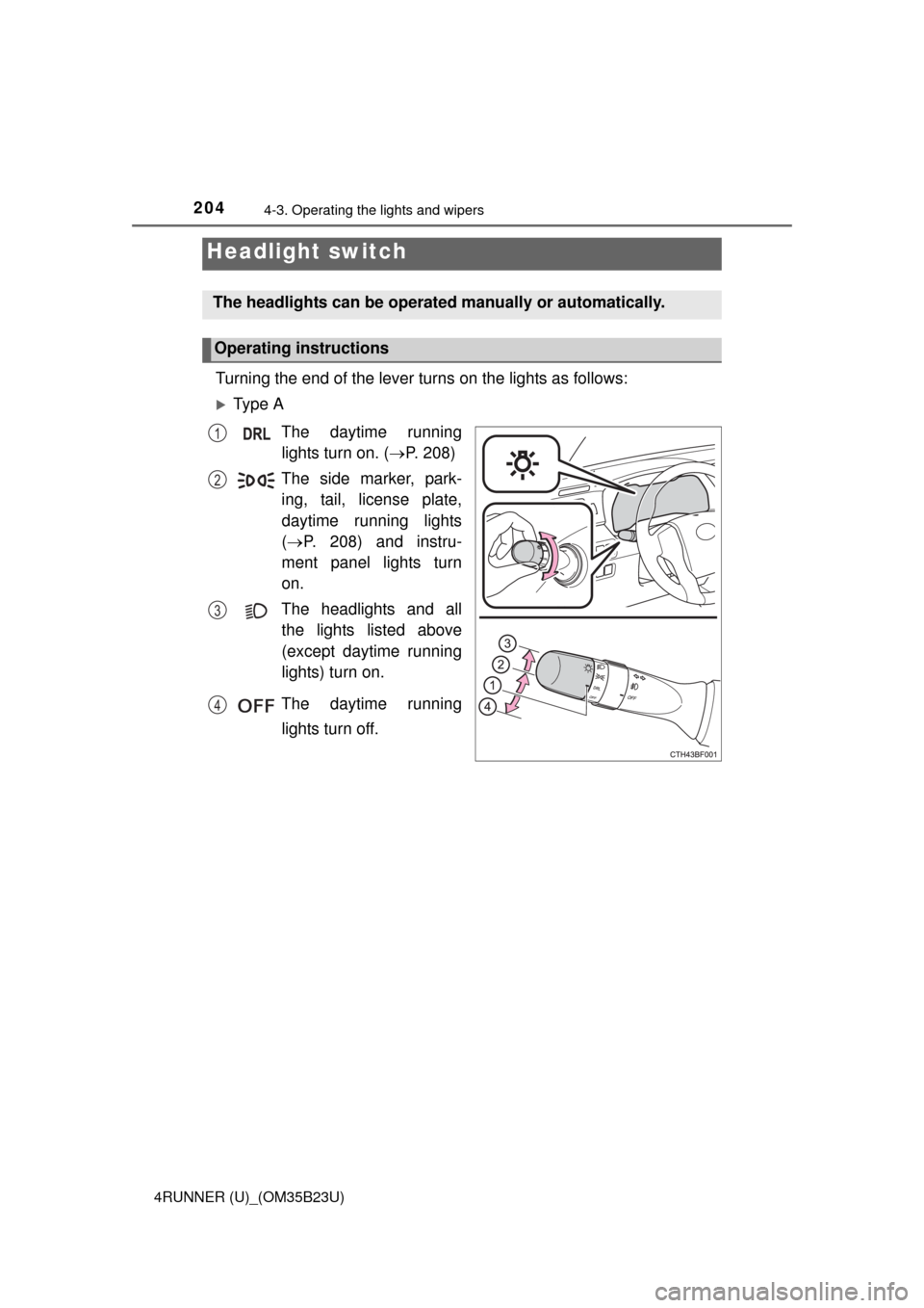 TOYOTA 4RUNNER 2016 N280 / 5.G Owners Manual 204
4RUNNER (U)_(OM35B23U)
4-3. Operating the lights and wipers
Turning the end of the lever turns on the lights as follows:
Ty p e  A
The daytime running
lights turn on. (P. 208)
The side marke