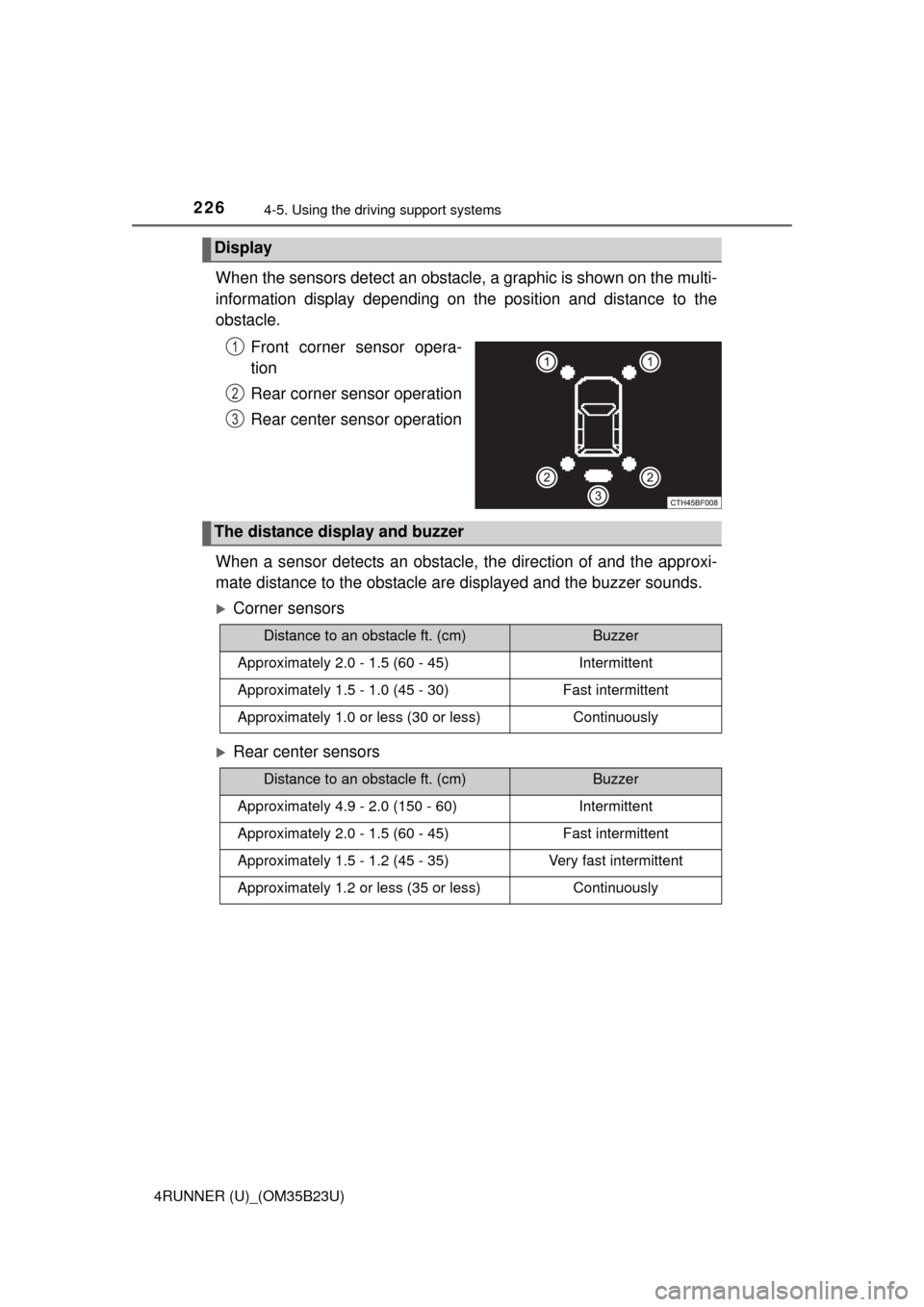 TOYOTA 4RUNNER 2016 N280 / 5.G Owners Manual 2264-5. Using the driving support systems
4RUNNER (U)_(OM35B23U)
When the sensors detect an obstacle, a graphic is shown on the multi-
information display depending on the position and distance to the