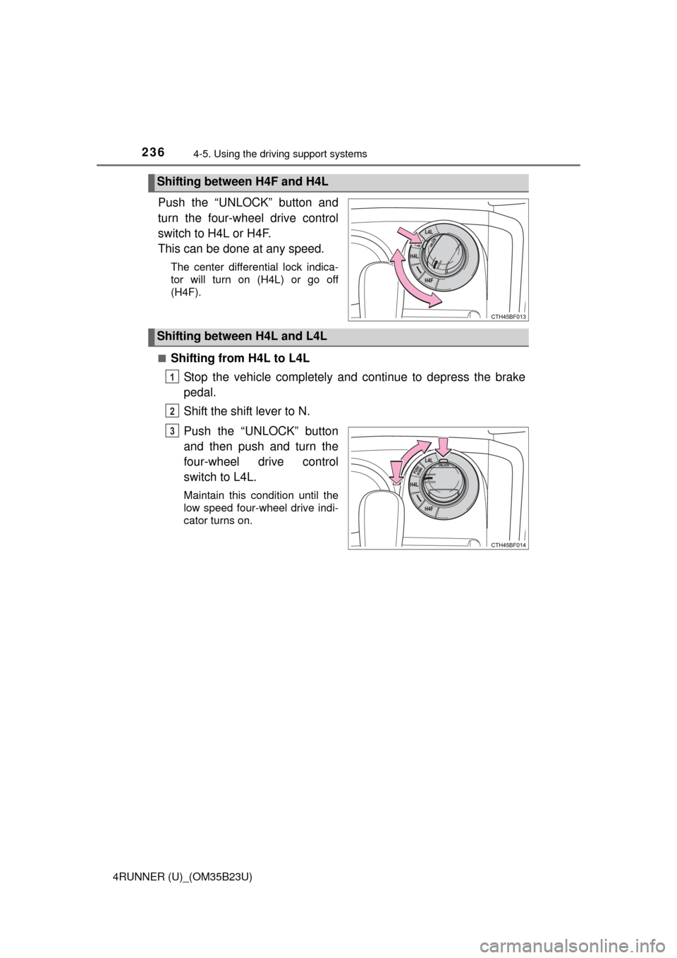 TOYOTA 4RUNNER 2016 N280 / 5.G Owners Manual 2364-5. Using the driving support systems
4RUNNER (U)_(OM35B23U)
Push the “UNLOCK” button and
turn the four-wheel drive control
switch to H4L or H4F.
This can be done at any speed.
The center diff