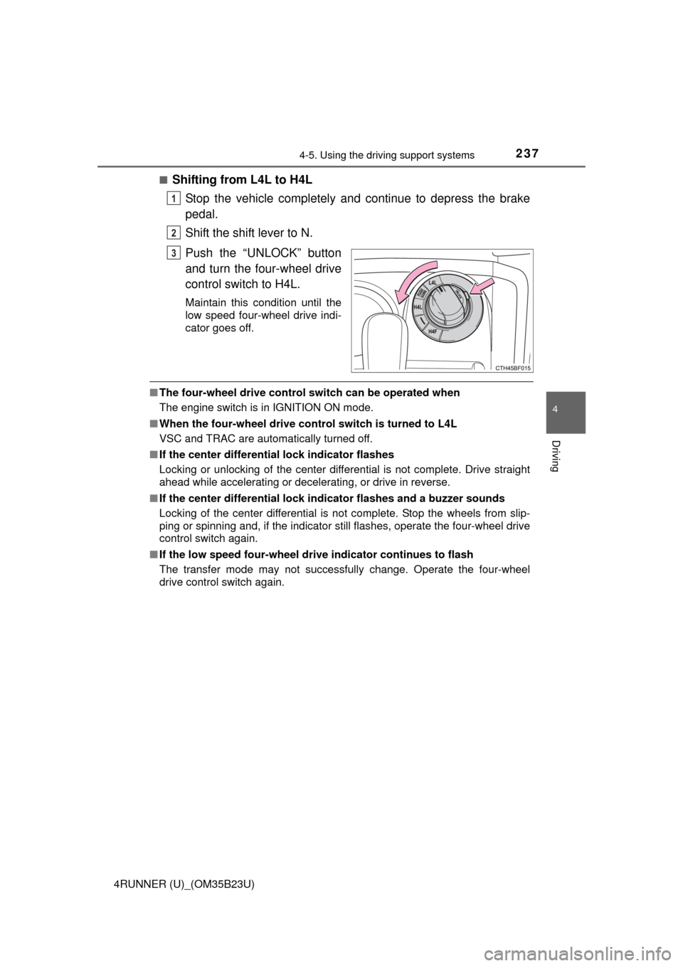 TOYOTA 4RUNNER 2016 N280 / 5.G Owners Manual 2374-5. Using the driving support systems
4
Driving
4RUNNER (U)_(OM35B23U)■
Shifting from L4L to H4L
Stop the vehicle completely and continue to depress the brake
pedal.
Shift the shift lever to N.
