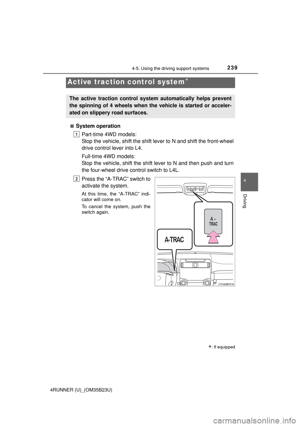 TOYOTA 4RUNNER 2016 N280 / 5.G Owners Manual 2394-5. Using the driving support systems
4
Driving
4RUNNER (U)_(OM35B23U)■
System operation
Part-time 4WD models:
Stop the vehicle, shift the shift lever to N and shift the front-wheel
drive contro
