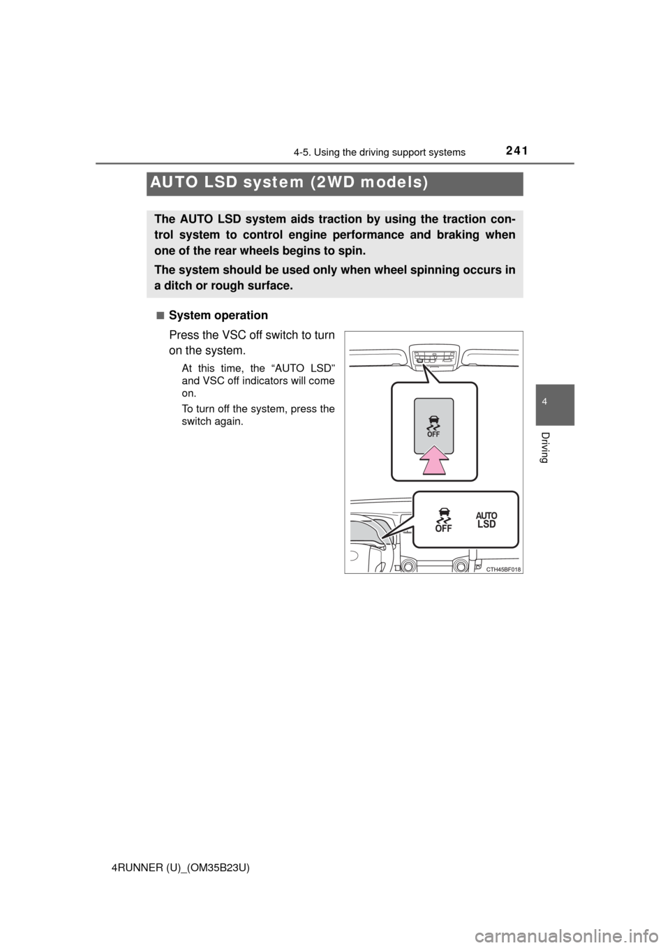 TOYOTA 4RUNNER 2016 N280 / 5.G Owners Manual 2414-5. Using the driving support systems
4
Driving
4RUNNER (U)_(OM35B23U)■
System operation
Press the VSC off switch to turn
on the system.
At this time, the “AUTO LSD”
and VSC off indicators w