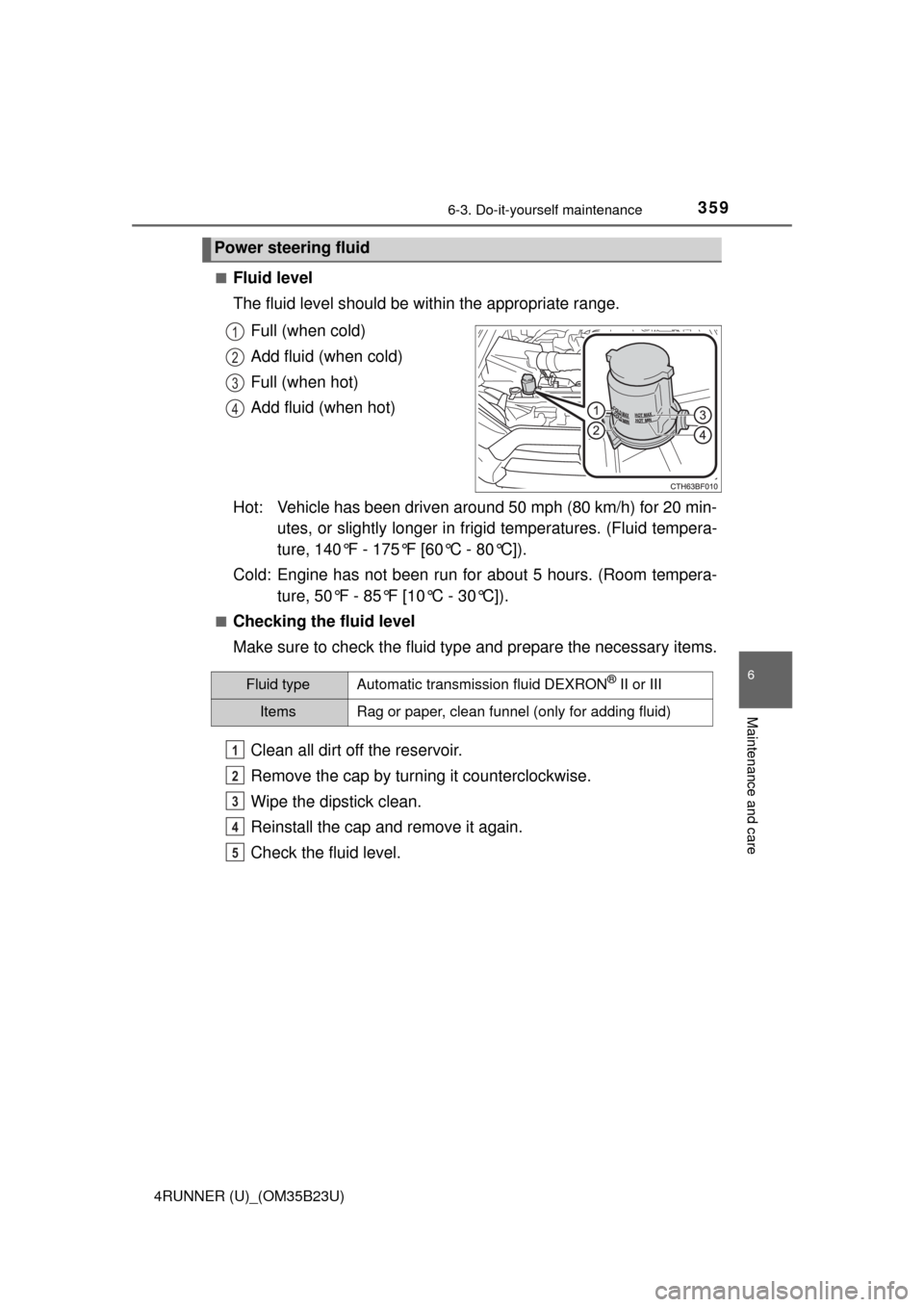 TOYOTA 4RUNNER 2016 N280 / 5.G Owners Manual 3596-3. Do-it-yourself maintenance
6
Maintenance and care
4RUNNER (U)_(OM35B23U)■
Fluid level
The fluid level should be within the appropriate range.
Full (when cold)
Add fluid (when cold)
Full (whe