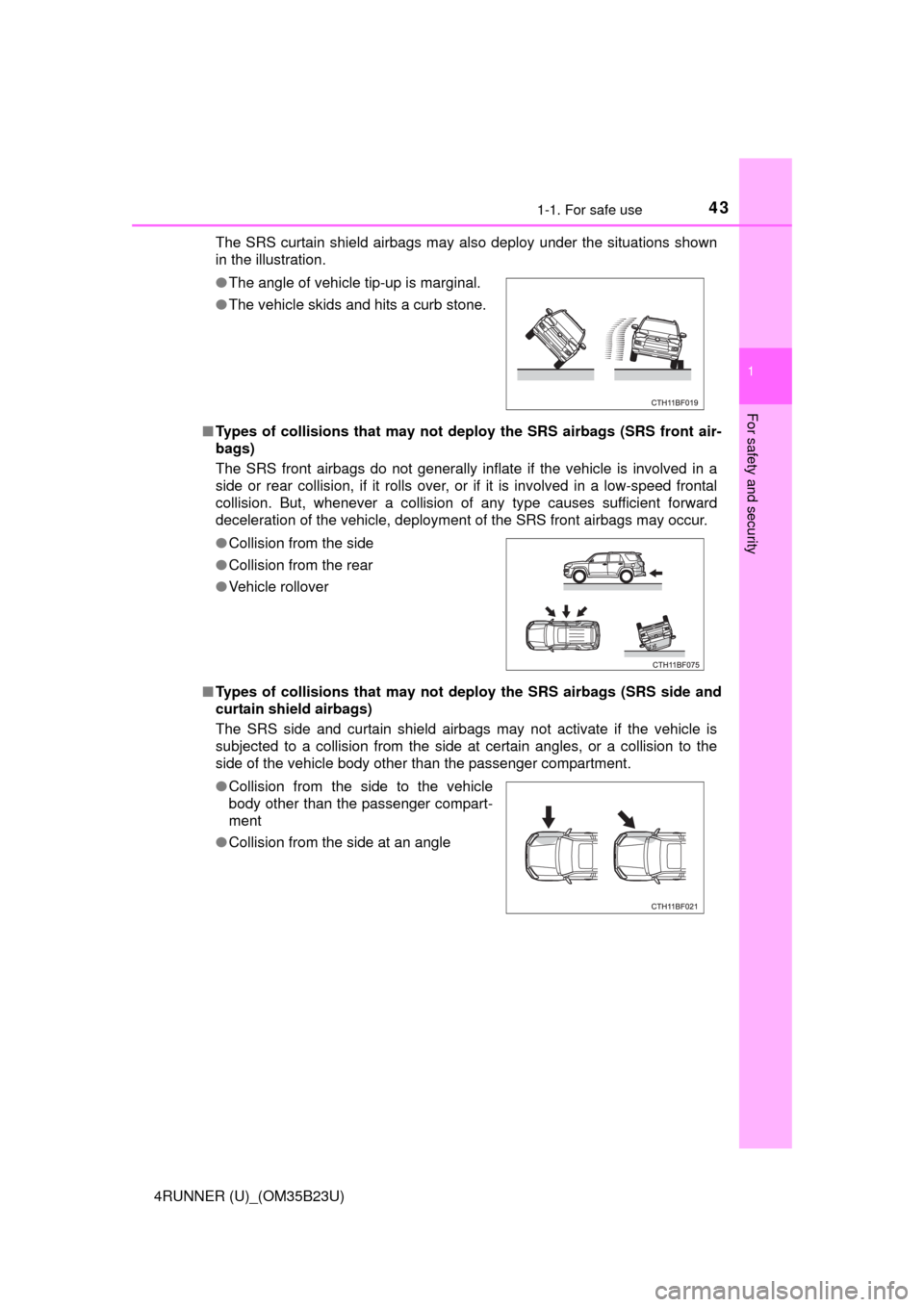 TOYOTA 4RUNNER 2016 N280 / 5.G Service Manual 431-1. For safe use
1
For safety and security
4RUNNER (U)_(OM35B23U)The SRS curtain shield airbags may also deploy under the situations shown
in the illustration.
■Types of collisions that may not d TOYOTA 4RUNNER 2016 N280 / 5.G Service Manual 431-1. For safe use
1
For safety and security
4RUNNER (U)_(OM35B23U)The SRS curtain shield airbags may also deploy under the situations shown
in the illustration.
■Types of collisions that may not d