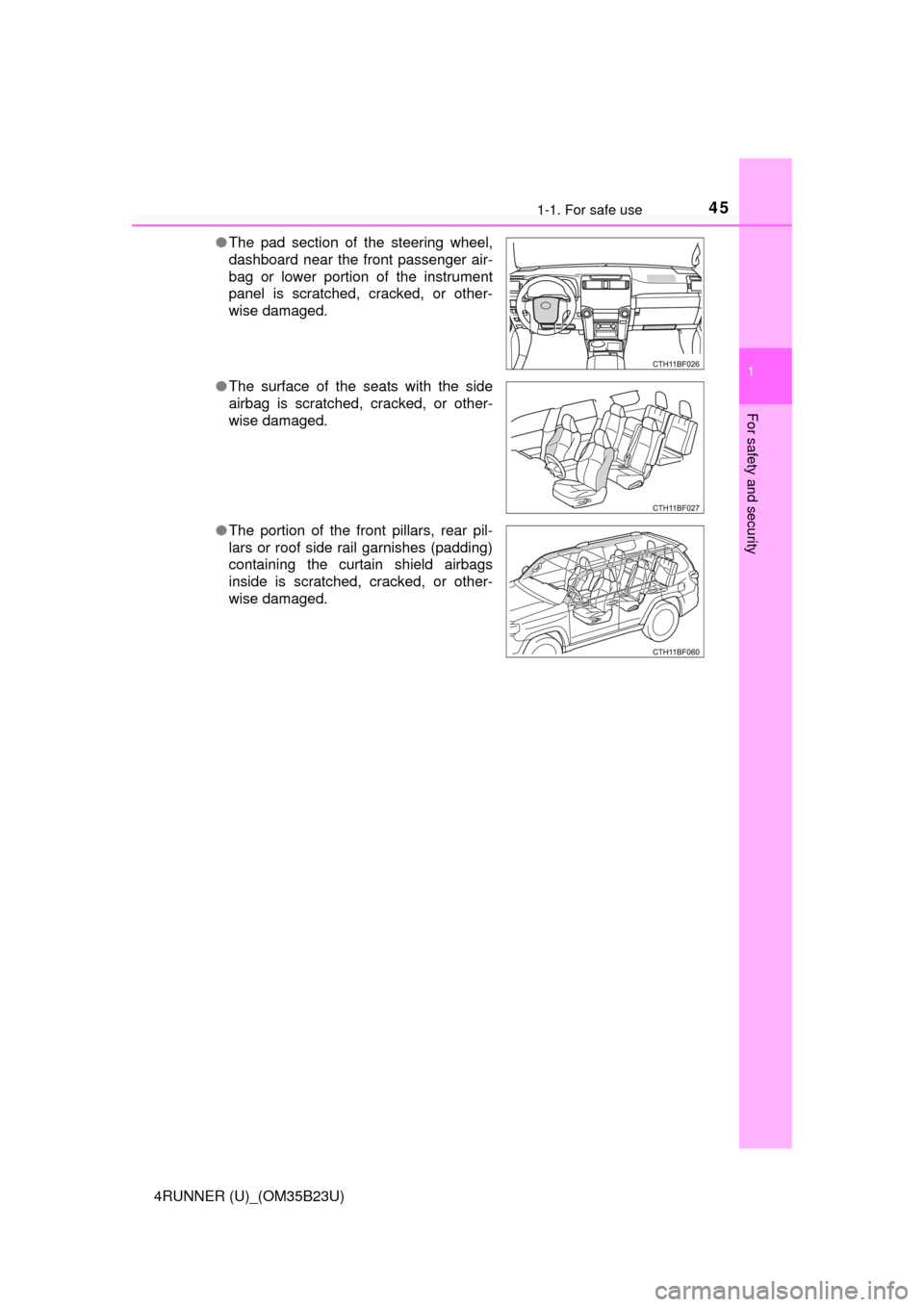 TOYOTA 4RUNNER 2016 N280 / 5.G Service Manual 451-1. For safe use
1
For safety and security
4RUNNER (U)_(OM35B23U)●The pad section of the steering wheel,
dashboard near the front passenger air-
bag or lower portion of the instrument
panel is sc TOYOTA 4RUNNER 2016 N280 / 5.G Service Manual 451-1. For safe use
1
For safety and security
4RUNNER (U)_(OM35B23U)●The pad section of the steering wheel,
dashboard near the front passenger air-
bag or lower portion of the instrument
panel is sc
