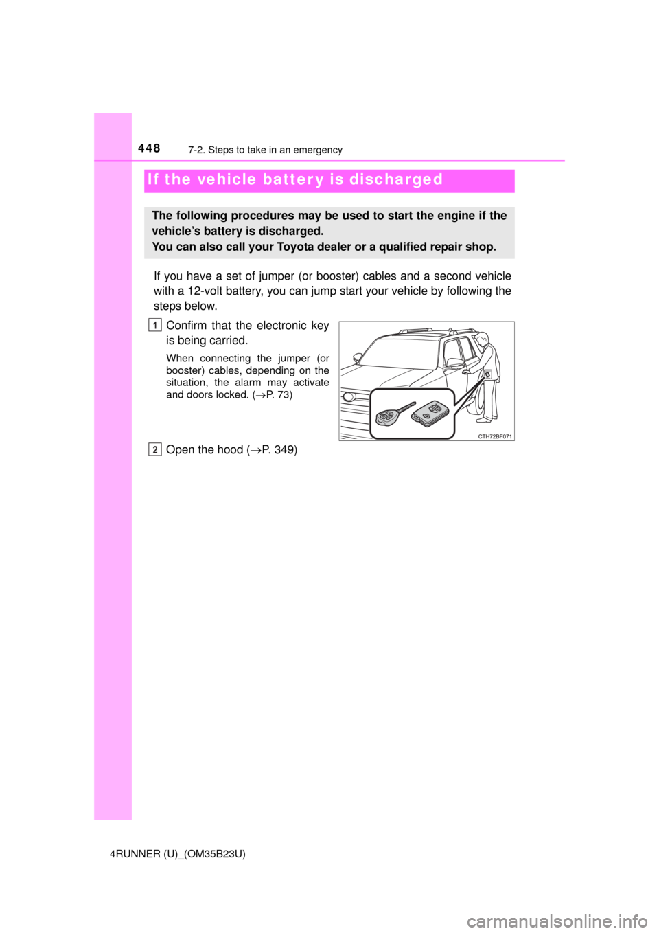 TOYOTA 4RUNNER 2016 N280 / 5.G Owners Manual 4487-2. Steps to take in an emergency
4RUNNER (U)_(OM35B23U)
If you have a set of jumper (or booster) cables and a second vehicle
with a 12-volt battery, you can jump start your vehicle by following t TOYOTA 4RUNNER 2016 N280 / 5.G Owners Manual 4487-2. Steps to take in an emergency
4RUNNER (U)_(OM35B23U)
If you have a set of jumper (or booster) cables and a second vehicle
with a 12-volt battery, you can jump start your vehicle by following t