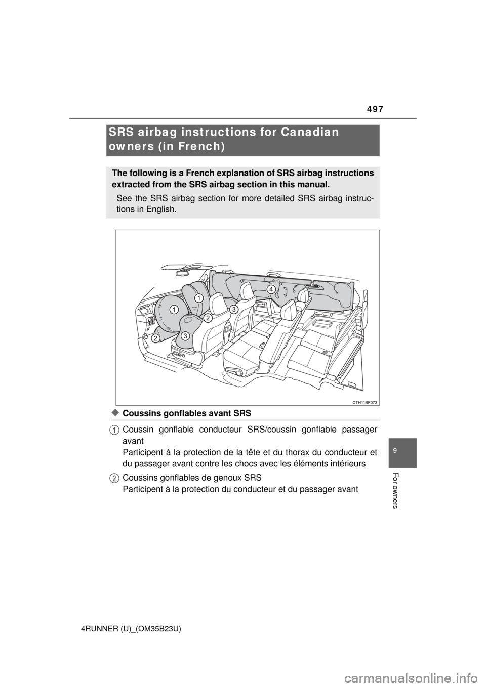 TOYOTA 4RUNNER 2016 N280 / 5.G Owners Manual 497
9
For owners
4RUNNER (U)_(OM35B23U)
◆Coussins gonflables avant SRS
Coussin gonflable conducteur SRS/coussin gonflable passager
avant
Participent à la protection de la tête et du thorax du cond