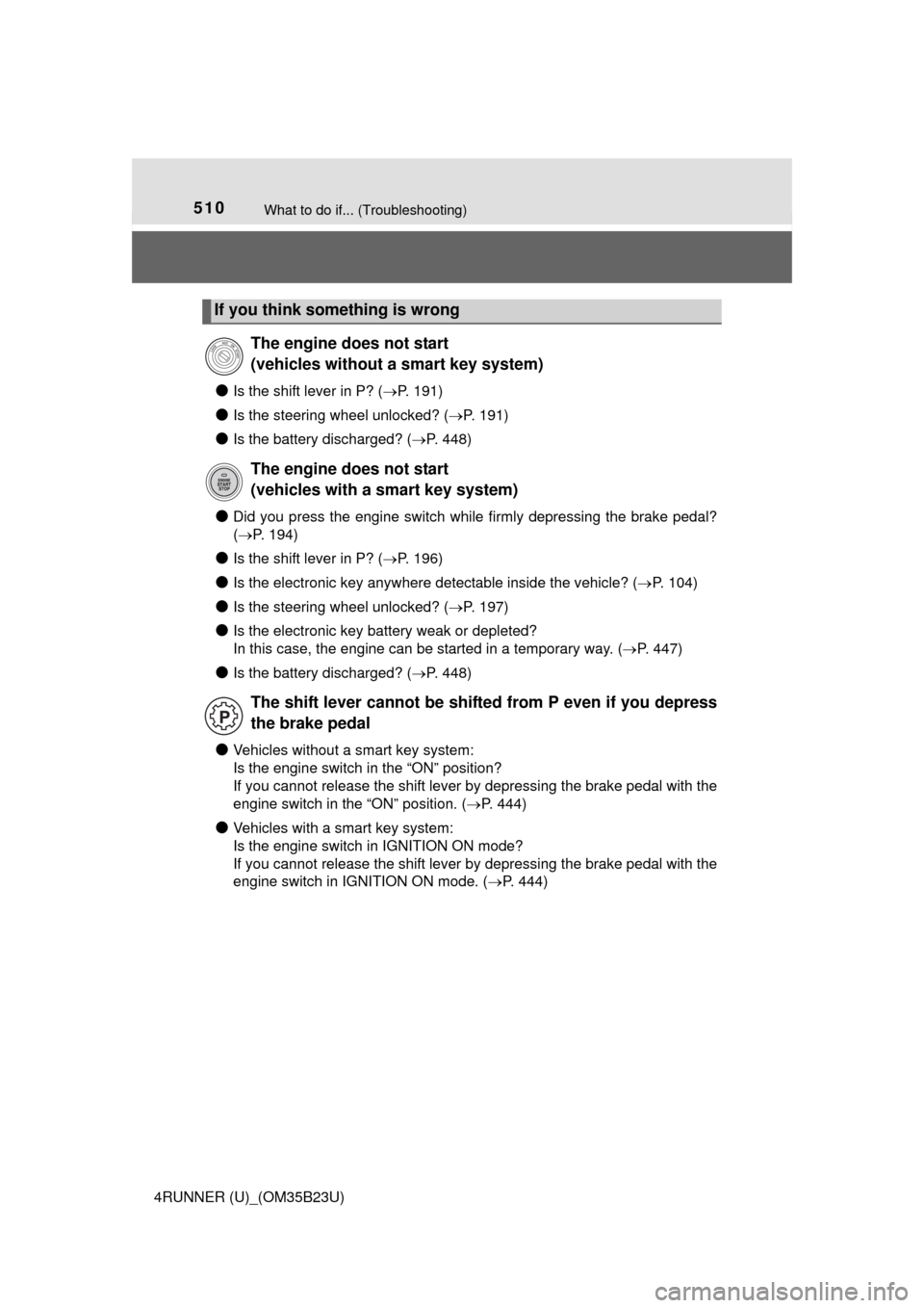 TOYOTA 4RUNNER 2016 N280 / 5.G Owners Manual 510What to do if... (Troubleshooting)
4RUNNER (U)_(OM35B23U)
●Is the shift lever in P? (P. 191)
●Is the steering wheel unlocked? (P. 191)
●Is the battery discharged? (P. 448)
●Did you TOYOTA 4RUNNER 2016 N280 / 5.G Owners Manual 510What to do if... (Troubleshooting)
4RUNNER (U)_(OM35B23U)
●Is the shift lever in P? (P. 191)
●Is the steering wheel unlocked? (P. 191)
●Is the battery discharged? (P. 448)
●Did you