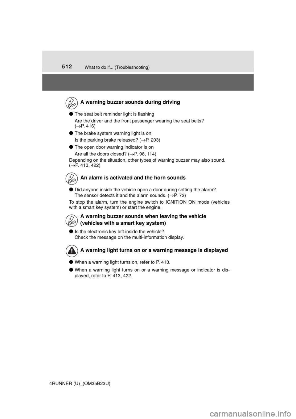 TOYOTA 4RUNNER 2016 N280 / 5.G Owners Manual 512What to do if... (Troubleshooting)
4RUNNER (U)_(OM35B23U)
●The seat belt reminder light is flashing
Are the driver and the front passenger wearing the seat belts?
(P. 416)
●The brake system TOYOTA 4RUNNER 2016 N280 / 5.G Owners Manual 512What to do if... (Troubleshooting)
4RUNNER (U)_(OM35B23U)
●The seat belt reminder light is flashing
Are the driver and the front passenger wearing the seat belts?
(P. 416)
●The brake system