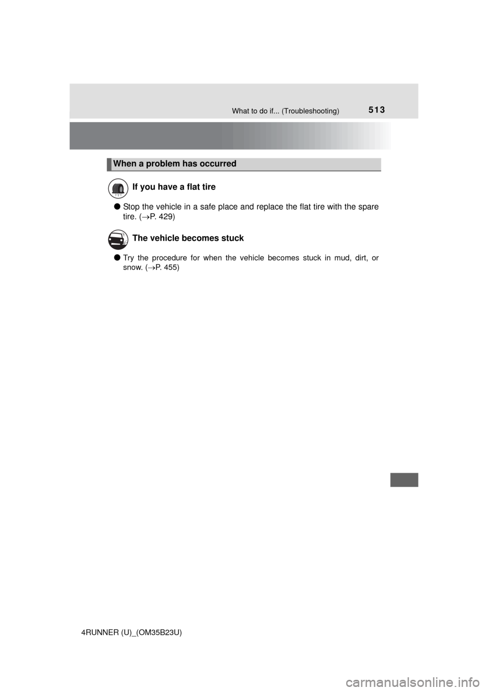 TOYOTA 4RUNNER 2016 N280 / 5.G Owners Manual 513What to do if... (Troubleshooting)
4RUNNER (U)_(OM35B23U)
●Stop the vehicle in a safe place and replace the flat tire with the spare
tire. (P. 429)
●Try the procedure for when the vehicle be TOYOTA 4RUNNER 2016 N280 / 5.G Owners Manual 513What to do if... (Troubleshooting)
4RUNNER (U)_(OM35B23U)
●Stop the vehicle in a safe place and replace the flat tire with the spare
tire. (P. 429)
●Try the procedure for when the vehicle be