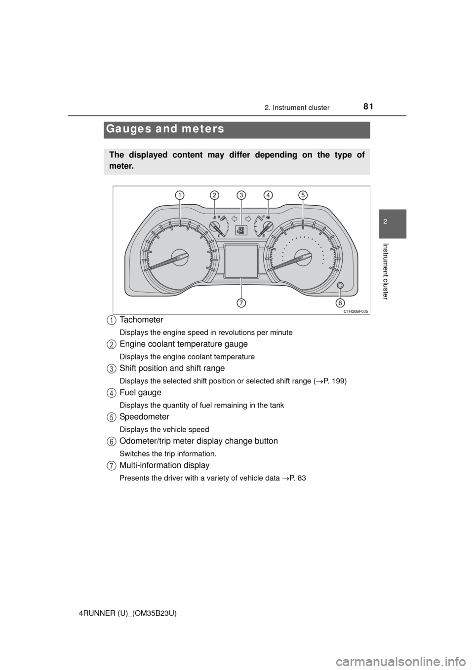 TOYOTA 4RUNNER 2016 N280 / 5.G Manual Online 812. Instrument cluster
2
Instrument cluster
4RUNNER (U)_(OM35B23U)
Tachometer
Displays the engine speed in revolutions per minute
Engine coolant temperature gauge
Displays the engine coolant temperat TOYOTA 4RUNNER 2016 N280 / 5.G Manual Online 812. Instrument cluster
2
Instrument cluster
4RUNNER (U)_(OM35B23U)
Tachometer
Displays the engine speed in revolutions per minute
Engine coolant temperature gauge
Displays the engine coolant temperat