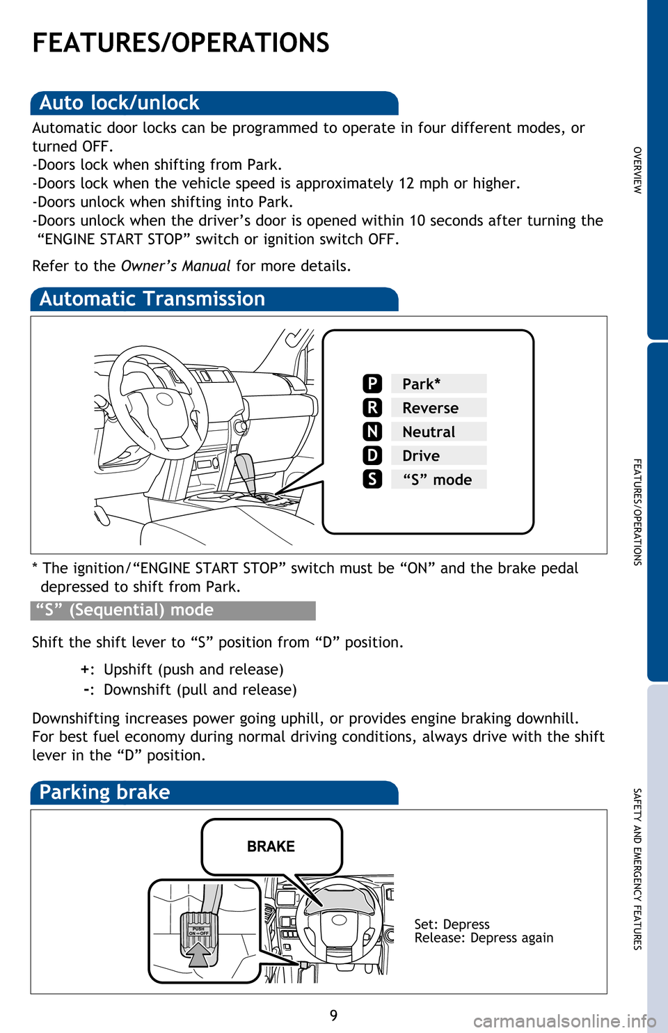TOYOTA 4RUNNER 2016 N280 / 5.G Quick Reference Guide OVERVIEW
FEATURES/OPERATIONS
SAFETY AND EMERGENCY FEATURES
9
FEATURES/OPERATIONS
Automatic Transmission
* The ignition/“ENGINE START STOP” switch must be “ON” and the brake pedal
depressed to TOYOTA 4RUNNER 2016 N280 / 5.G Quick Reference Guide OVERVIEW
FEATURES/OPERATIONS
SAFETY AND EMERGENCY FEATURES
9
FEATURES/OPERATIONS
Automatic Transmission
* The ignition/“ENGINE START STOP” switch must be “ON” and the brake pedal
depressed to
