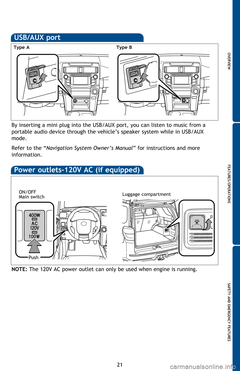 TOYOTA 4RUNNER 2016 N280 / 5.G Quick Reference Guide OVERVIEW
FEATURES/OPERATIONS
SAFETY AND EMERGENCY FEATURES
21
OVERVIEWFEATURES/OPERATIONS
SAFETY AND EMERGENCY FEATURES
By inserting a mini plug into the USB/AUX port, you can listen to music from a 
