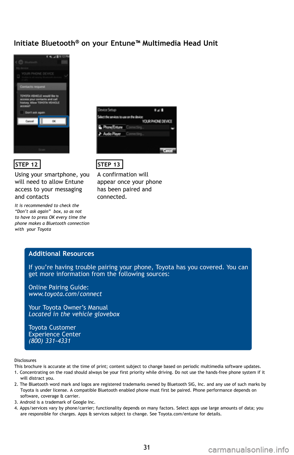 TOYOTA 4RUNNER 2016 N280 / 5.G Quick Reference Guide 31 31
STEP 12
Initiate Bluetooth® on your Entune™ Multimedia Head Unit
A confirmation will
appear once your phone
has been paired and
connected.
STEP 13
Additional Resources
If you’re having TOYOTA 4RUNNER 2016 N280 / 5.G Quick Reference Guide 31 31
STEP 12
Initiate Bluetooth® on your Entune™ Multimedia Head Unit
A confirmation will
appear once your phone
has been paired and
connected.
STEP 13
Additional Resources
If you’re having
