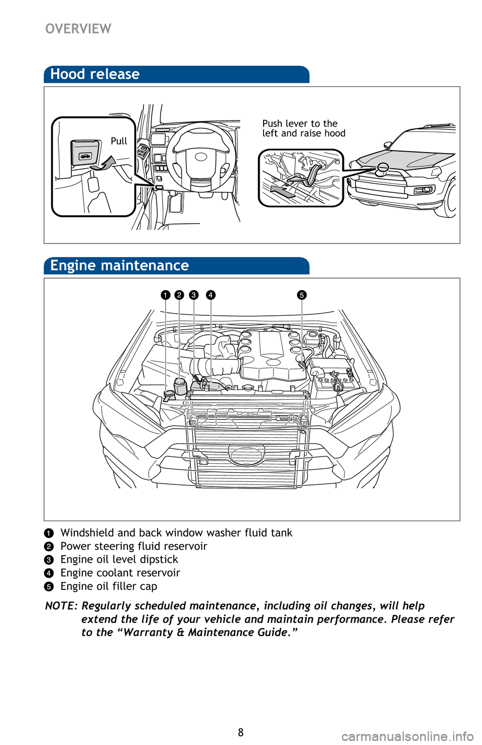 TOYOTA 4RUNNER 2016 N280 / 5.G Quick Reference Guide 8
Windshield and back window washer fluid tank
Power steering fluid reservoir
Engine oil level dipstick
Engine coolant reservoir
Engine oil filler cap
NOTE: Regularly scheduled maintenance, inc TOYOTA 4RUNNER 2016 N280 / 5.G Quick Reference Guide 8
Windshield and back window washer fluid tank
Power steering fluid reservoir
Engine oil level dipstick
Engine coolant reservoir
Engine oil filler cap
NOTE: Regularly scheduled maintenance, inc