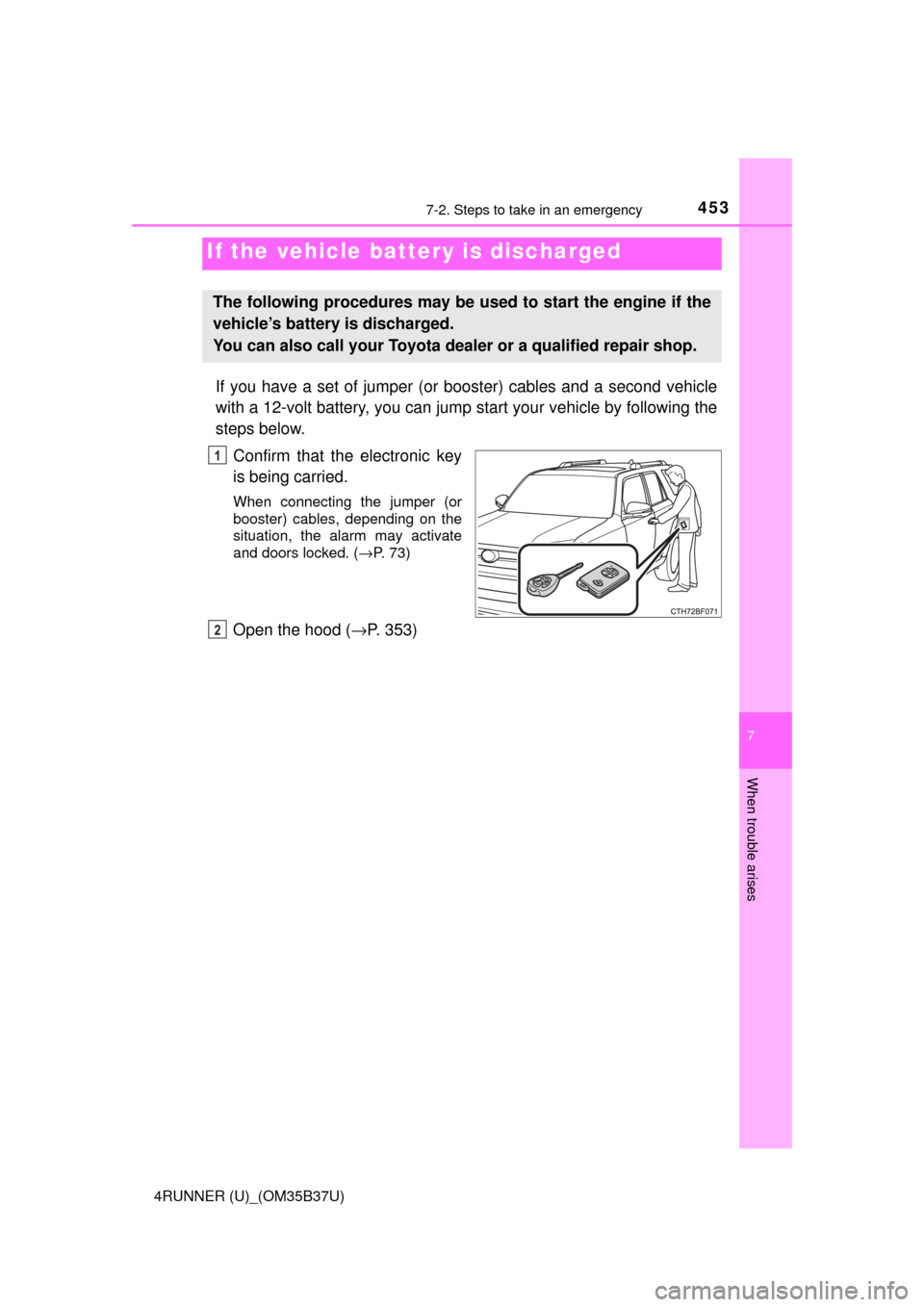 TOYOTA 4RUNNER 2017 N280 / 5.G Owners Manual 4537-2. Steps to take in an emergency
7
When trouble arises
4RUNNER (U)_(OM35B37U)
If you have a set of jumper (or booster) cables and a second vehicle
with a 12-volt battery, you can jump start your TOYOTA 4RUNNER 2017 N280 / 5.G Owners Manual 4537-2. Steps to take in an emergency
7
When trouble arises
4RUNNER (U)_(OM35B37U)
If you have a set of jumper (or booster) cables and a second vehicle
with a 12-volt battery, you can jump start your
