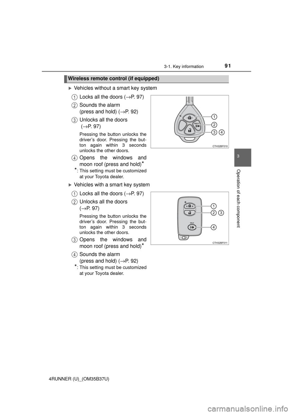 TOYOTA 4RUNNER 2017 N280 / 5.G Owners Manual 913-1. Key information
3
Operation of each component
4RUNNER (U)_(OM35B37U)
Vehicles without a smart key systemLocks all the doors ( →P. 9 7 )
Sounds the alarm
(press and hold) ( →P. 9 2 )
U TOYOTA 4RUNNER 2017 N280 / 5.G Owners Manual 913-1. Key information
3
Operation of each component
4RUNNER (U)_(OM35B37U)
Vehicles without a smart key systemLocks all the doors ( →P. 9 7 )
Sounds the alarm
(press and hold) ( →P. 9 2 )
U