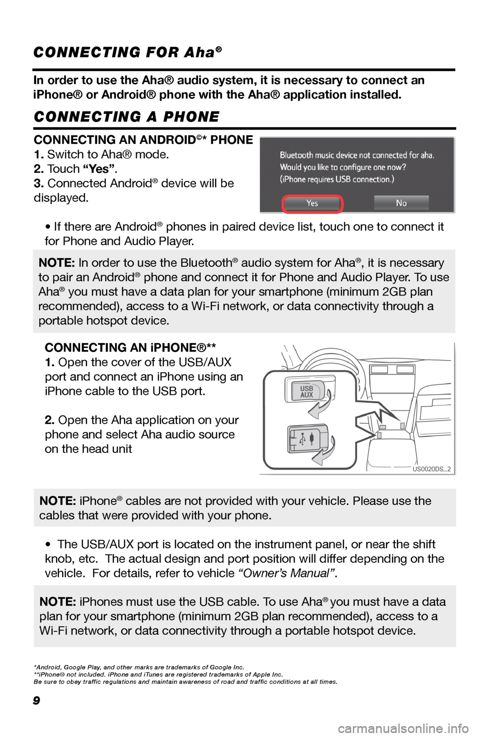 TOYOTA GT86 2017 1.G Navigation Manual 9
CONNECTING A PHONE
In order to use the Aha® audio system, it is necessary to connect an
iPhone® or Android® phone with the Aha® application installed.
CONNECTING AN ANDROID©* PHONE
1. Switch to