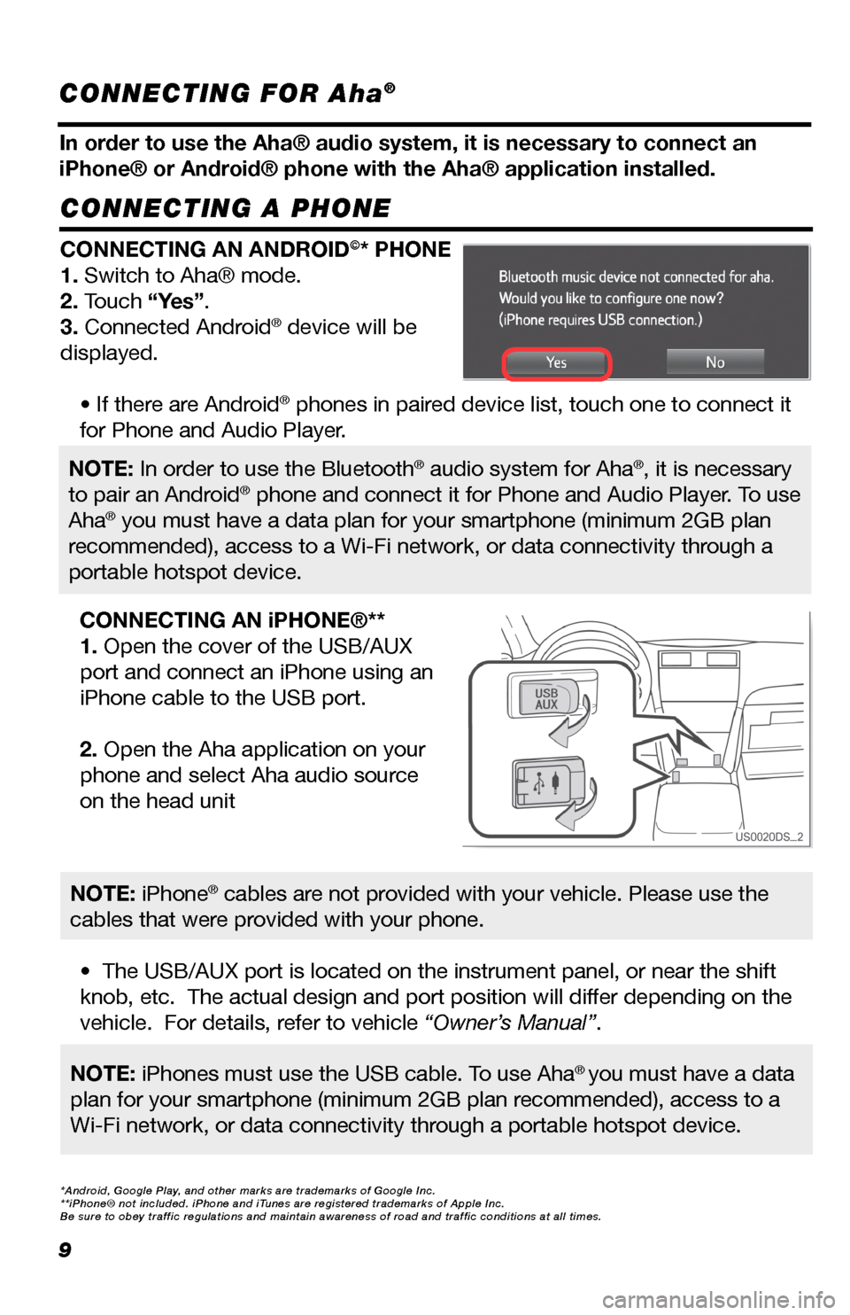 TOYOTA GT86 2017 1.G Navigation Manual 9
CONNECTING A PHONE
In order to use the Aha® audio system, it is necessary to connect an
iPhone® or Android® phone with the Aha® application installed.
CONNECTING AN ANDROID©* PHONE
1. Switch to TOYOTA GT86 2017 1.G Navigation Manual 9
CONNECTING A PHONE
In order to use the Aha® audio system, it is necessary to connect an
iPhone® or Android® phone with the Aha® application installed.
CONNECTING AN ANDROID©* PHONE
1. Switch to