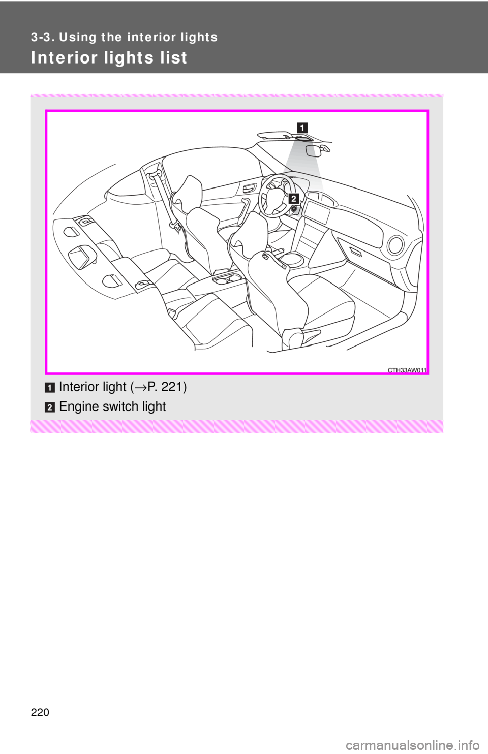 TOYOTA GT86 2017 1.G Owners Manual 220
3-3. Using the interior lights
Interior lights list
Interior light (→P. 221)
Engine switch light 