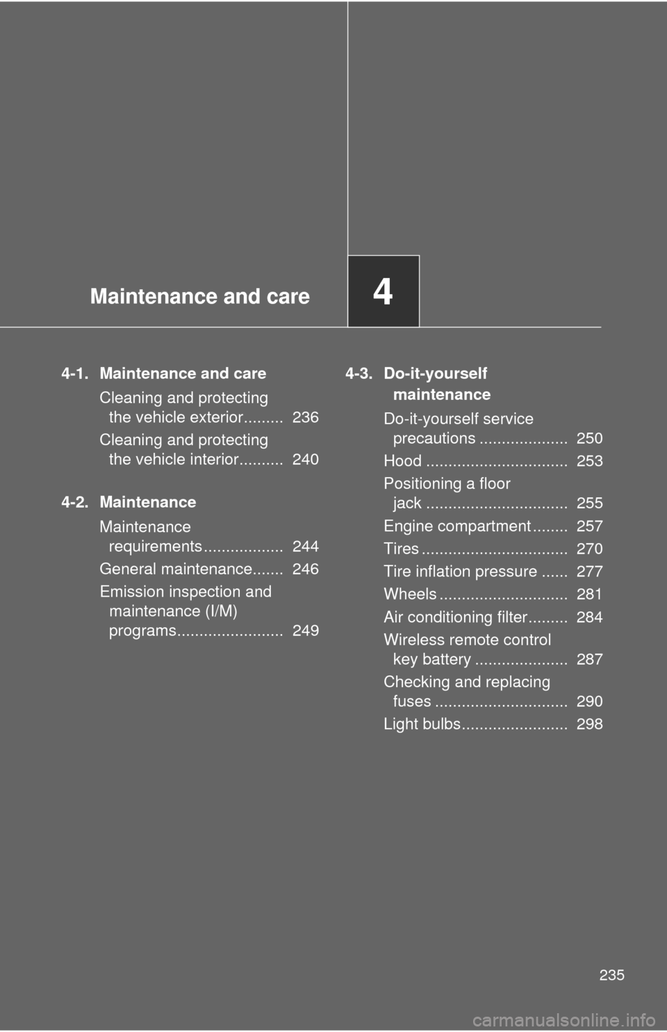 TOYOTA GT86 2017 1.G Owners Manual Maintenance and care4
235
4-1. Maintenance and careCleaning and protecting the vehicle exterior......... 236
Cleaning and protecting the vehicle interior.......... 240
4-2. Maintenance Maintenance TOYOTA GT86 2017 1.G Owners Manual Maintenance and care4
235
4-1. Maintenance and careCleaning and protecting the vehicle exterior......... 236
Cleaning and protecting the vehicle interior.......... 240
4-2. Maintenance Maintenance