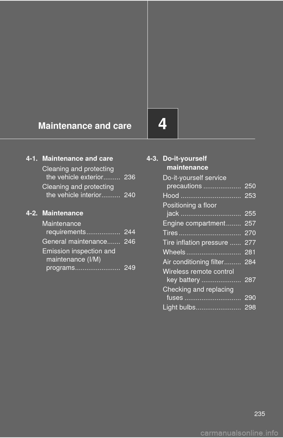 TOYOTA GT86 2017 1.G Owners Manual Maintenance and care4
235
4-1. Maintenance and careCleaning and protecting the vehicle exterior.........  236
Cleaning and protecting  the vehicle interior..........  240
4-2. Maintenance Maintenance 