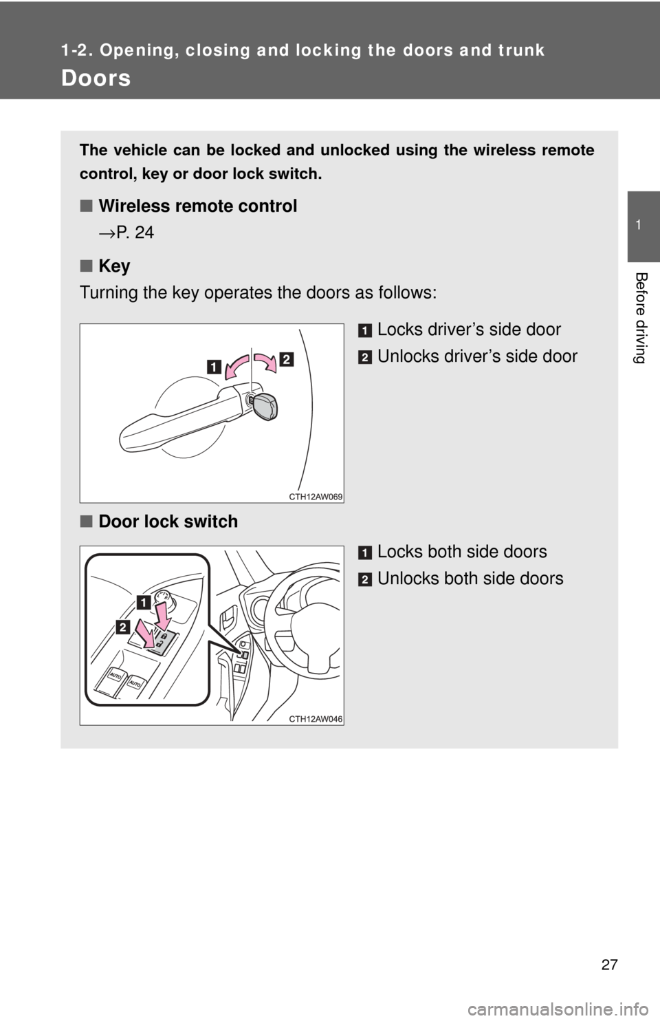 TOYOTA GT86 2017 1.G Owners Manual 27
1
1-2. Opening, closing and locking the doors and trunk
Before driving
Doors
The vehicle can be locked and unlocked using the wireless remote
control, key or door lock switch.
■Wireless remote co