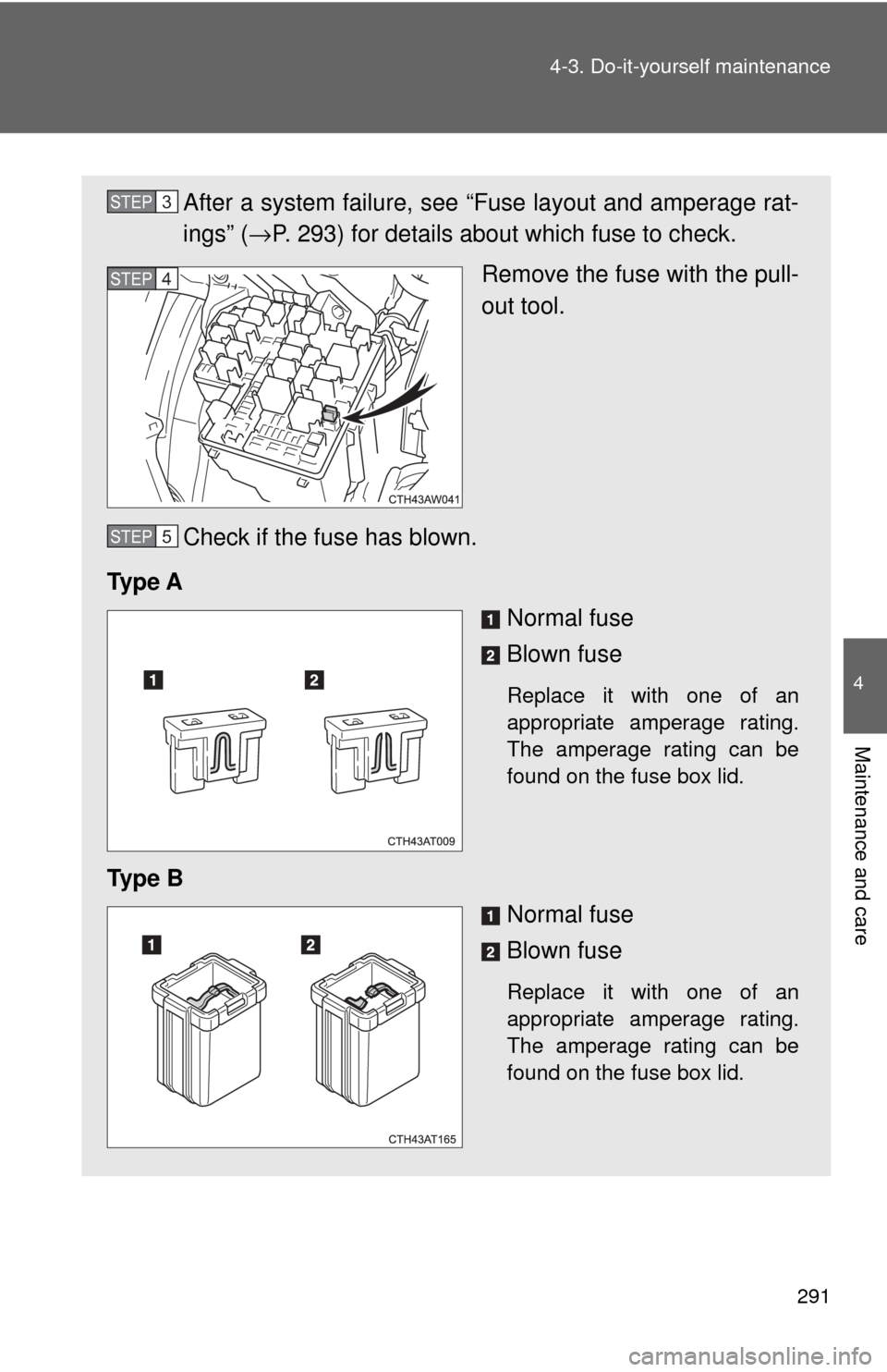 TOYOTA GT86 2017 1.G Owners Manual 291
4-3. Do-it-yourself maintenance
4
Maintenance and care
After a system failure, see “Fuse layout and amperage rat-
ings” (
→P. 293) for details about which fuse to check.
Remove the fuse with