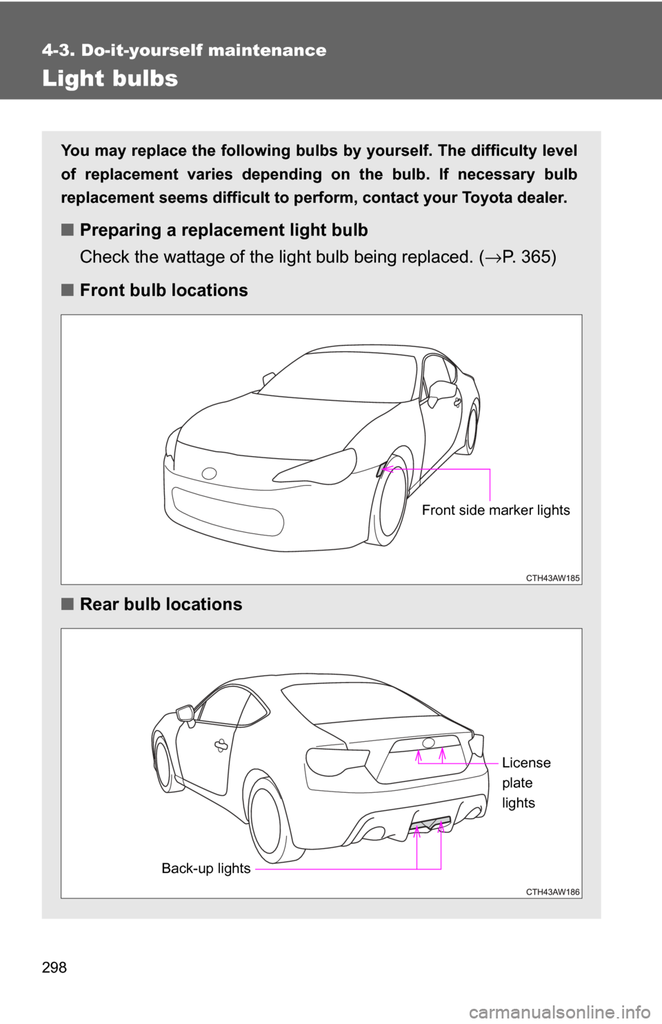 TOYOTA GT86 2017 1.G Owners Manual 298
4-3. Do-it-yourself maintenance
Light bulbs
You may replace the following bulbs by yourself. The difficulty level
of replacement varies depending on the bulb. If necessary bulb
replacement seems d