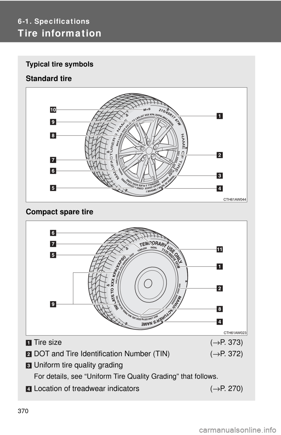 TOYOTA GT86 2017 1.G Owners Manual 370
6-1. Specifications
Tire information
Typical tire symbols
Standard tire
Compact spare tireTire size ( →P. 373)
DOT and Tire Identification Number (TIN) ( →P. 372)
Uniform tire quality grading
TOYOTA GT86 2017 1.G Owners Manual 370
6-1. Specifications
Tire information
Typical tire symbols
Standard tire
Compact spare tireTire size ( →P. 373)
DOT and Tire Identification Number (TIN) ( →P. 372)
Uniform tire quality grading
